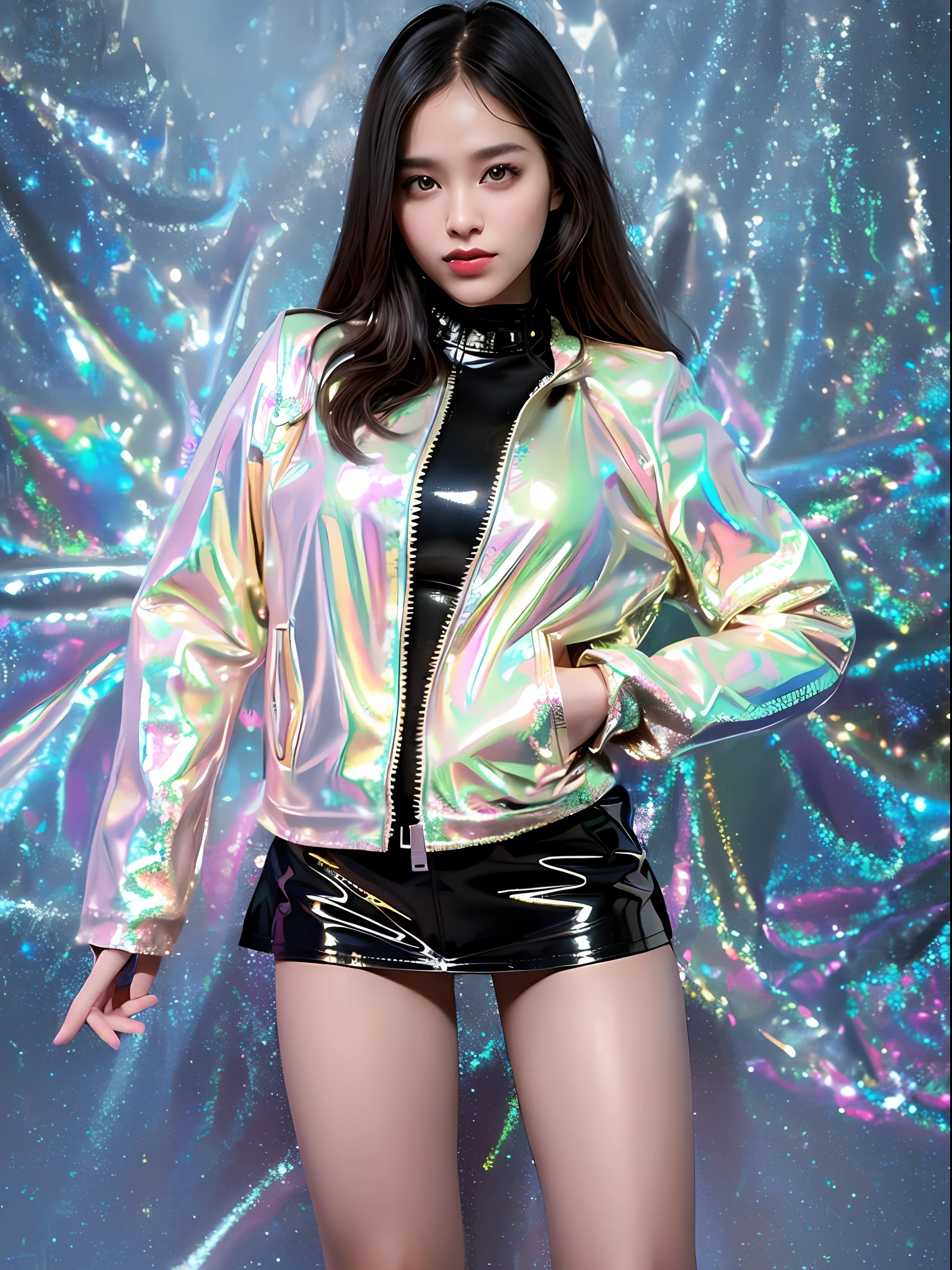 ulzzang-6500-v1.1,(original photo:1.2),(realistic:1.4),beautiful detailed girl,very detailed eyes and face,beautiful detail eyes,ridiculous,incredibly ridiculous,super detailed,high resolution,very detailed,best quality,masterpiece,illustration,very detailed,CG,unified,8k wallpaper,amazing,fine detail,masterpiece,best quality,face light,movie lights,1 girl,16 years old,((dynamic pose))),((sexy pose))),(camel toe),(pantyhose),(Leather_jacket_with_embellishments:1.5),(Sequin_mini_skirt:1.4),(Studded_heels:1.3),(Nightlife_disco_background:1.4),upper body,