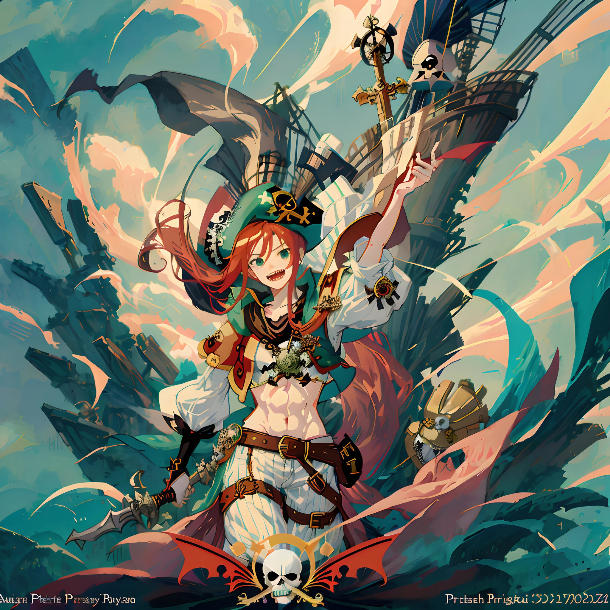 Anime girl holding sword and pirate hat on boat, Kushatt Krenz Key Art Women, high detailed official artwork, Guilty Gear strives to splash art, pirate queen, mechanized witch girl, Ayaka Genshin impact, Anime fantasy illustration, Anime fantasy artwork, Detailed key anime art, guilty gear art direction, guilty gear art style,Anime characters with green eyes and hats, [[[[grinning evily]]]], a pirate, , Vampires, pirate, ((Red)) baggy eyes, pirate portrait, zerochan art, guilty gear art style, gungrave, portrait of a bloodborne hunter, swashbuckler class pirate, zerochan，redheadwear，Anime girls，Pirate captain，Pirate hat，Shark teeth，Anime girl with red hair and green hat holding a sword, high detailed official artwork, Official anime artwork, Official artwork, Detailed key anime art, Anime fantasy artwork, ornate piracy, pirate queen, Anime fantasy illustration, Detailed digital anime art, cushart kenz, Kushatt Krenz Key Art Women, trending on artstation pixiv, artbook artwork，A MILF，sideface，huge tit，Abs，The sword，over knee socks，skeleton head，Long white pants，vest，The flag，pirate ships