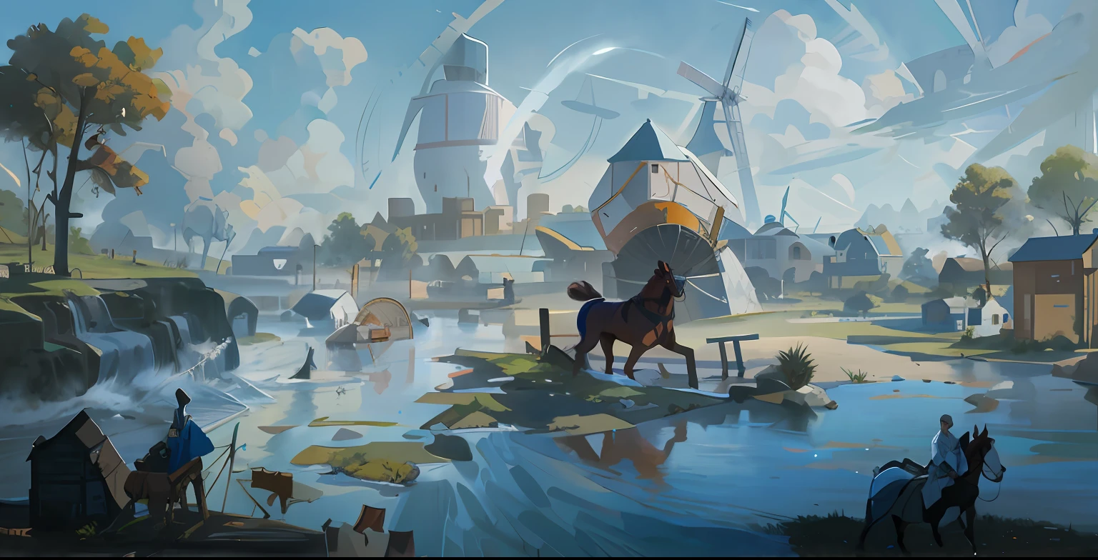 Painting a man riding a horse in the river,Windmills in the background, painted as a game concept art, painterly concept art, Concept art wallpaper 4K, digital painting concept art, ismail inceoglu and ruan jia, inspired by Ismail Inceoglu, oil paint concept art, concept art digital illustration, illustration concept art, concept world art