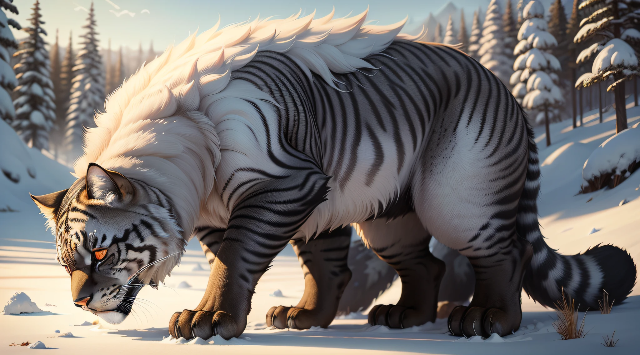 There are many big cats sitting in the snow of prehistoric antiquity, 4k highly detailed digital art, 4K detailed digital art, 8K high quality detailed art, highly realistic concept art, detailed beautiful animals, furry fantasy art, highly detailed digital painting, Beautiful digital artwork, Dramatic cinematic details fur, anthropomorphic lynx, very very beautiful furry art, digital painting highly detailed, A lot of cats of the same kind, There are big ones, There are small ones, There are forests