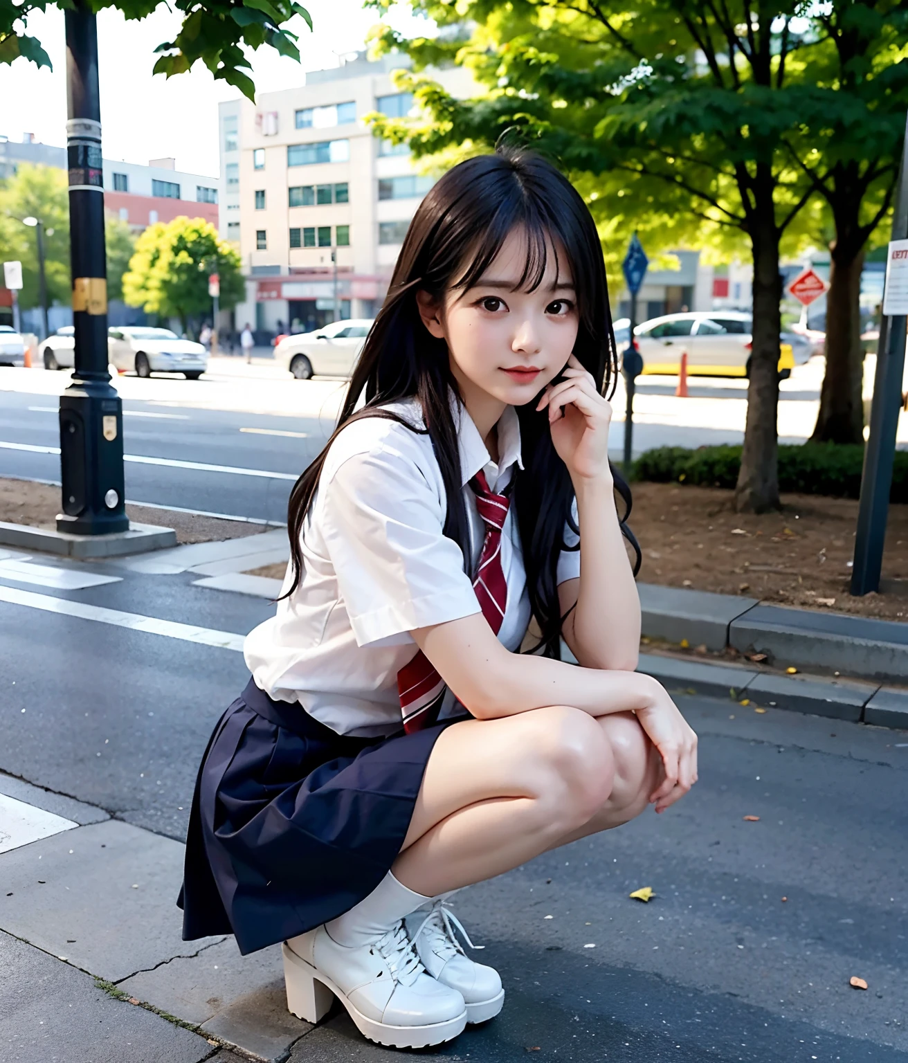Move the center of gravity back, put your hands forward from both legs, pretty embarrassing, no panties, thin legs, tight skirt, knees 90 degrees, heels on the ground, hands in front of feet, hug feet, kneeling, sidewalk, RAW photos, 8K, highest quality, ultra high resolution, beautiful face in detail, realistic human skin, gentle expression, front view, angle from below, long hair, realistic, photorealistic, cute, Surreal schoolgirl in short skirt, squatting deep in the city, cute schoolgirl, Japan schoolgirl uniform, full body,