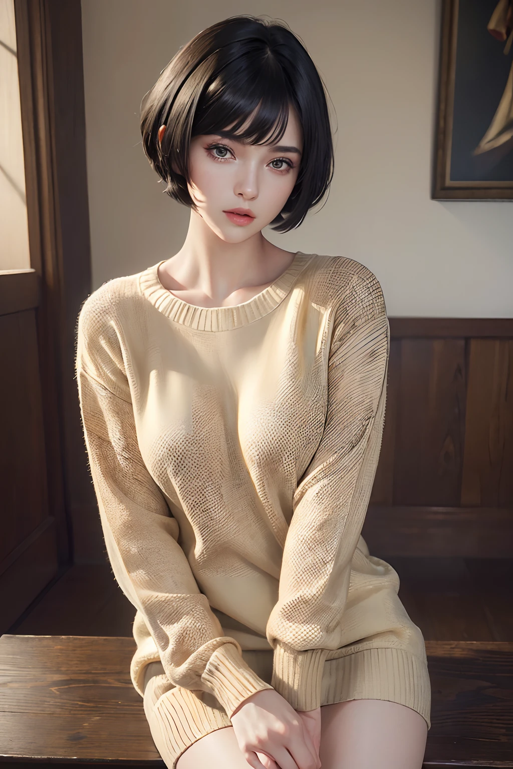(masterpiece:1.3), (8k, photorealistic, RAW photo, best quality: 1.4), (1girl), beautiful face, (realistic face), (black hair, short hair:1.3), beautiful hairstyle, realistic eyes, beautiful detailed eyes, (realistic skin), beautiful skin, (sweater), absurdres, attractive, ultra high res, ultra realistic, highly detailed, golden ratio