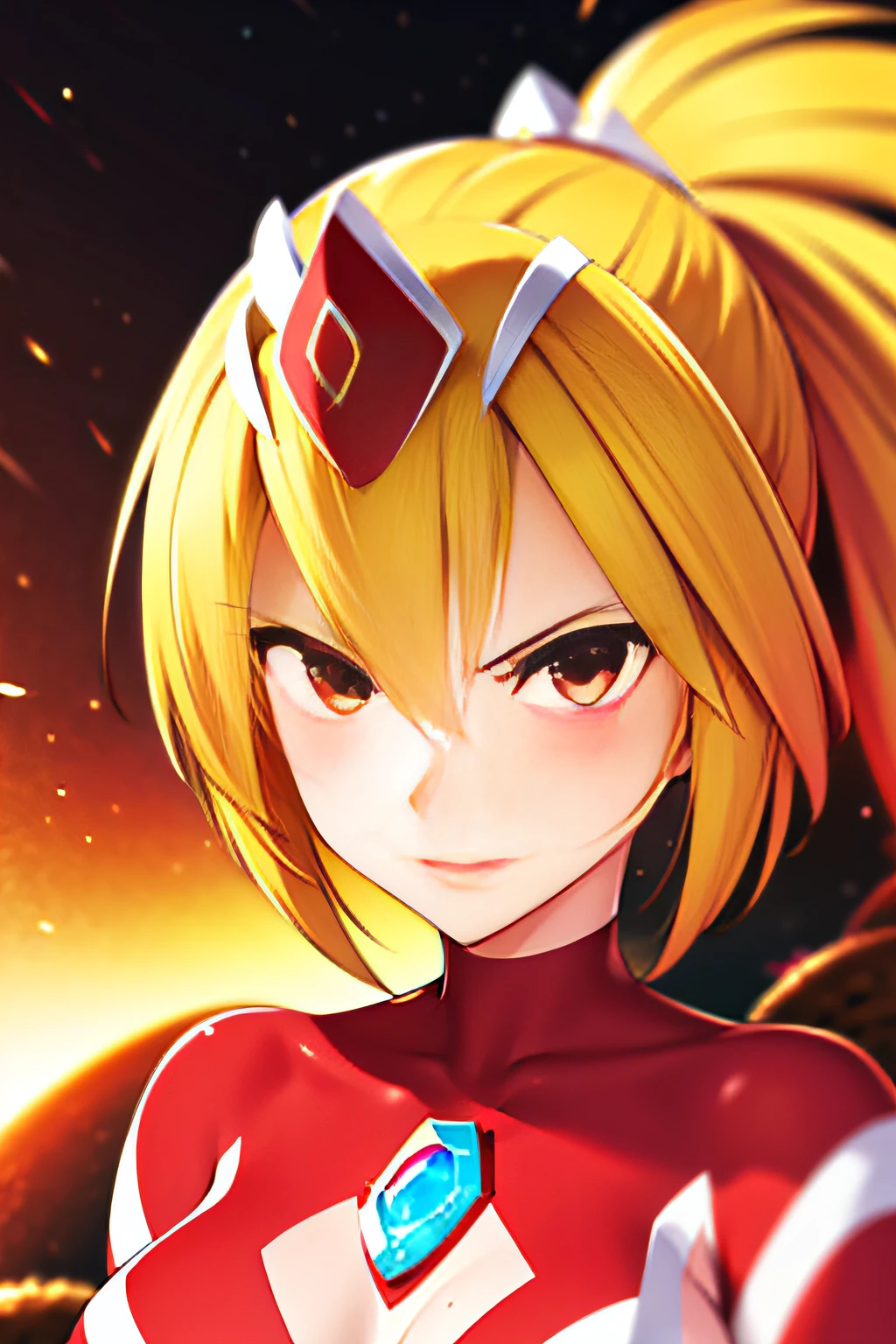 masterpiece, Best Quality, 1girl, solo, blonde hair, ponytail, crown, serious, concentrating, v-shaped eyebrows, (red ultraman bodysuit, glowing red gem on chest), looking at viewer, night, field, sunflower, windy, floating hair, close-up, red gem, red gem on chest, kicking,