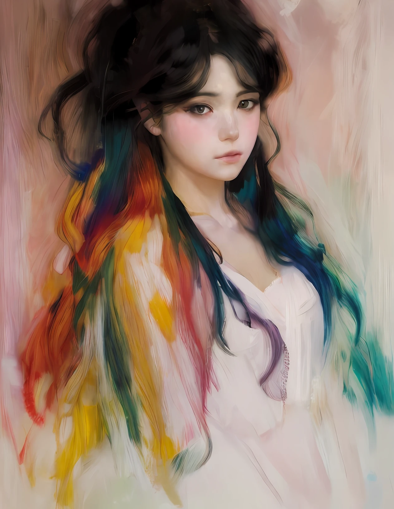 ((colorful hair)),sargent,mucha, frontage, 1girl, a beautiful anime Woman, black hair, long hair, lips, closed mouth,