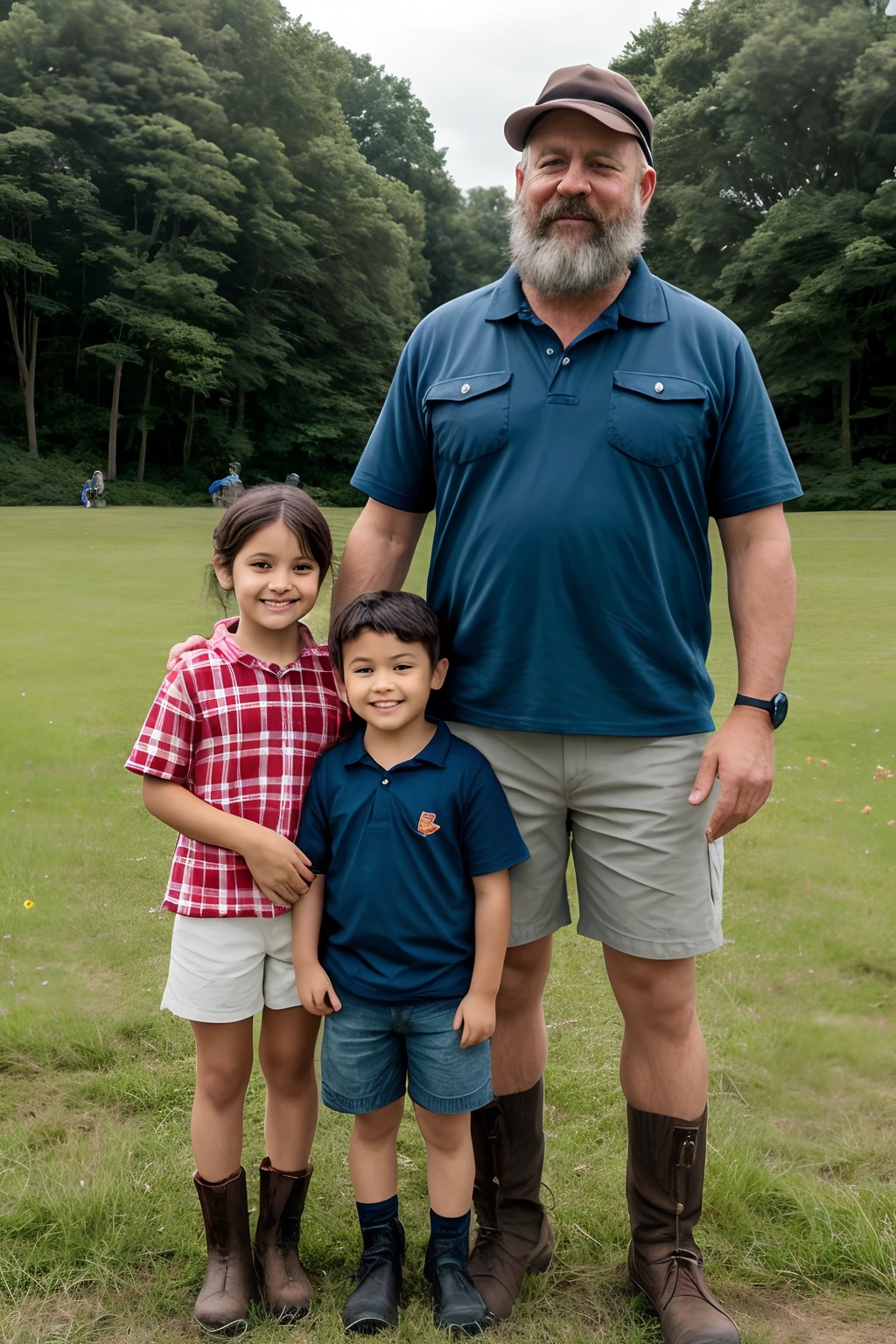 Embark on a journey into the heart of camaraderie and unity, where two rugged, middle-aged men adorned with lumberjack-style beards stand tall and proud. Clad in classic plaid shirts, well-worn denim shorts, and sturdy hiking boots, they exude an air of strength and companionship. Positioned between them stands a child, the embodiment of innocence and curiosity, dressed in a simple t-shirt and shorts, their little hands held securely by the men on either side. The trio stands against the backdrop of a breathtaking field of vibrant flowers, their colors merging into a spectacular display that dominates the foreground. Lush green grass blankets the ground, framing the scene with a touch of natural beauty. In the distance, a charming wooden house with a porch adds to the picturesque ambiance, gently softened to draw the eye to the central figures. This tableau emanates a feeling of warmth, unity, and shared moments. It captures the essence of relationships that bridge generations, creating a scene that resonates with the viewer's heart. Every element of the composition is meticulously detailed, brought to life with precision that is amplified by the artwork's 8K Ultra High Definition (UHD) rendering. This level of attention to detail creates a hyper-realistic experience that immerses the viewer in a world of textures, colors, and emotions, making it a visual narrative that evokes deep feelings of connection.