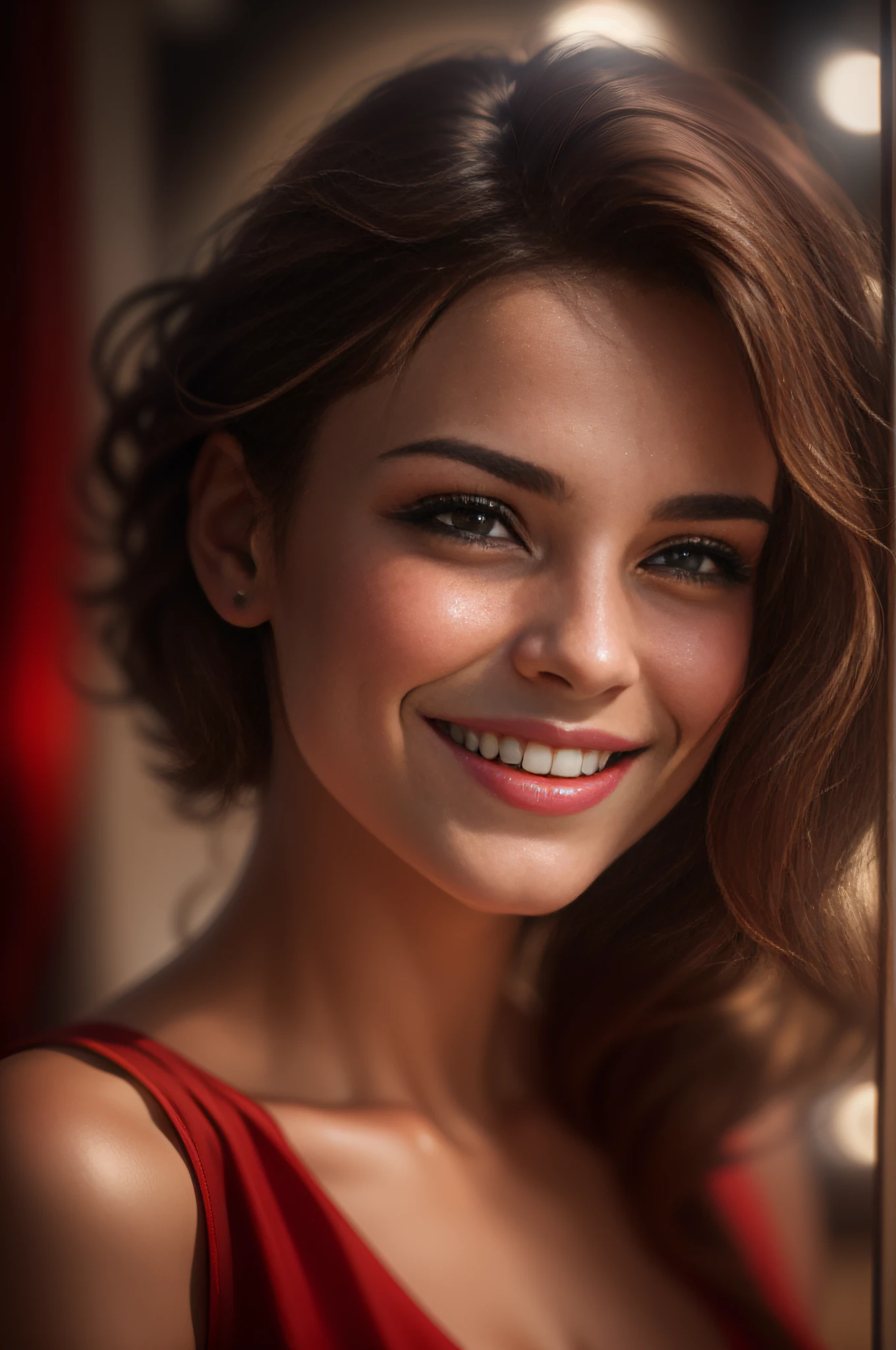 The Arad woman in a red dress smiled at the camera, Soft portrait shot 8 K, 8K Artgerm bokeh, Beautiful young woman, beautiful portrait lighting, beautiful and smiling, Bokeh top cinematic lighting, Beautiful girl portrait, Portrait shooting, Gorgeous woman, elegant smiling pose, young beautiful woman, A beautiful young woman, Portrait photo of a beautiful, cute seductive smile