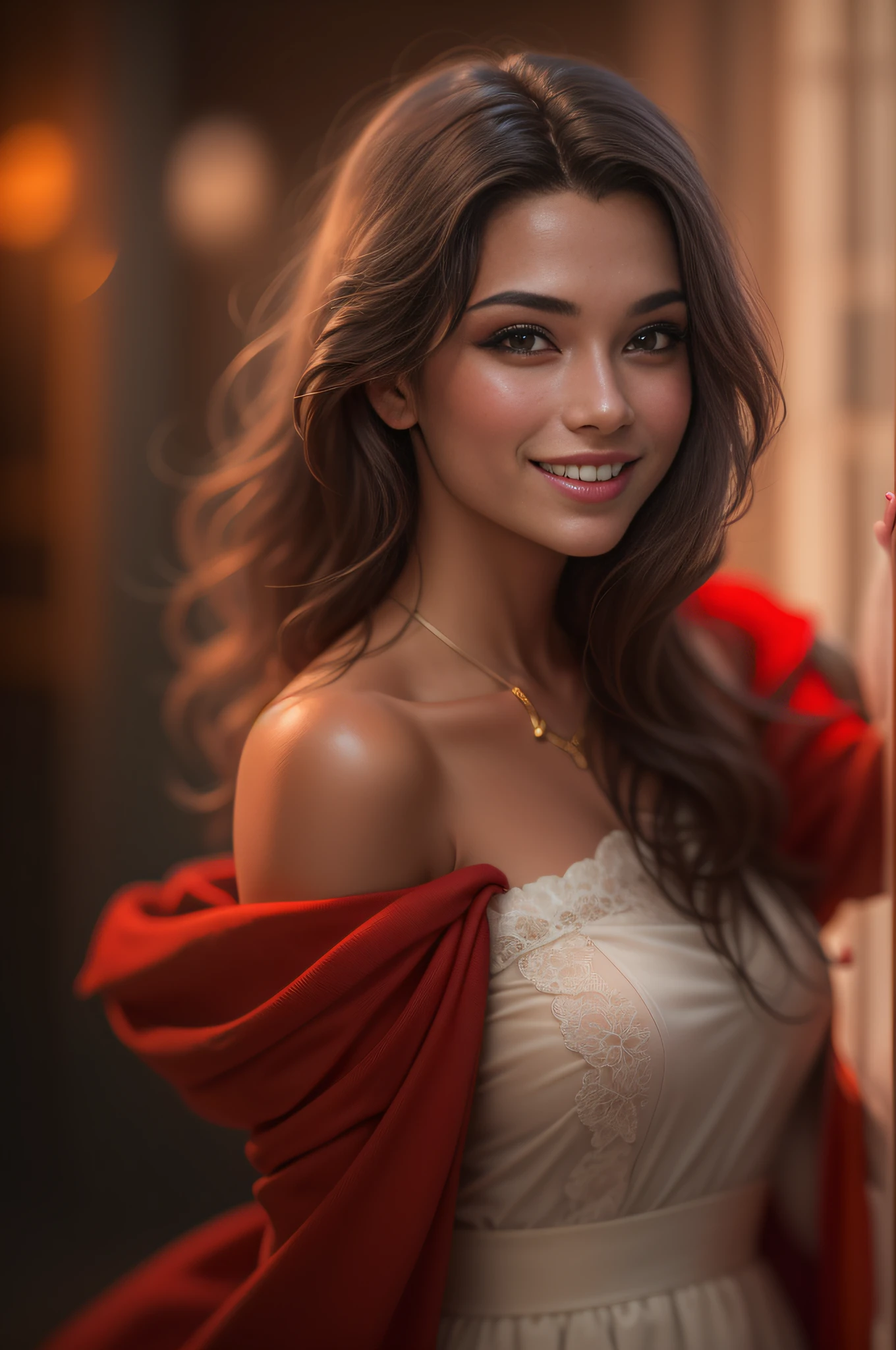 The Arad woman in a red dress smiled at the camera, Soft portrait shot 8 K, 8K Artgerm bokeh, Beautiful young woman, beautiful portrait lighting, beautiful and smiling, Bokeh top cinematic lighting, Beautiful girl portrait, Portrait shooting, Gorgeous woman, elegant smiling pose, young beautiful woman, A beautiful young woman, Portrait photo of a beautiful, cute seductive smile