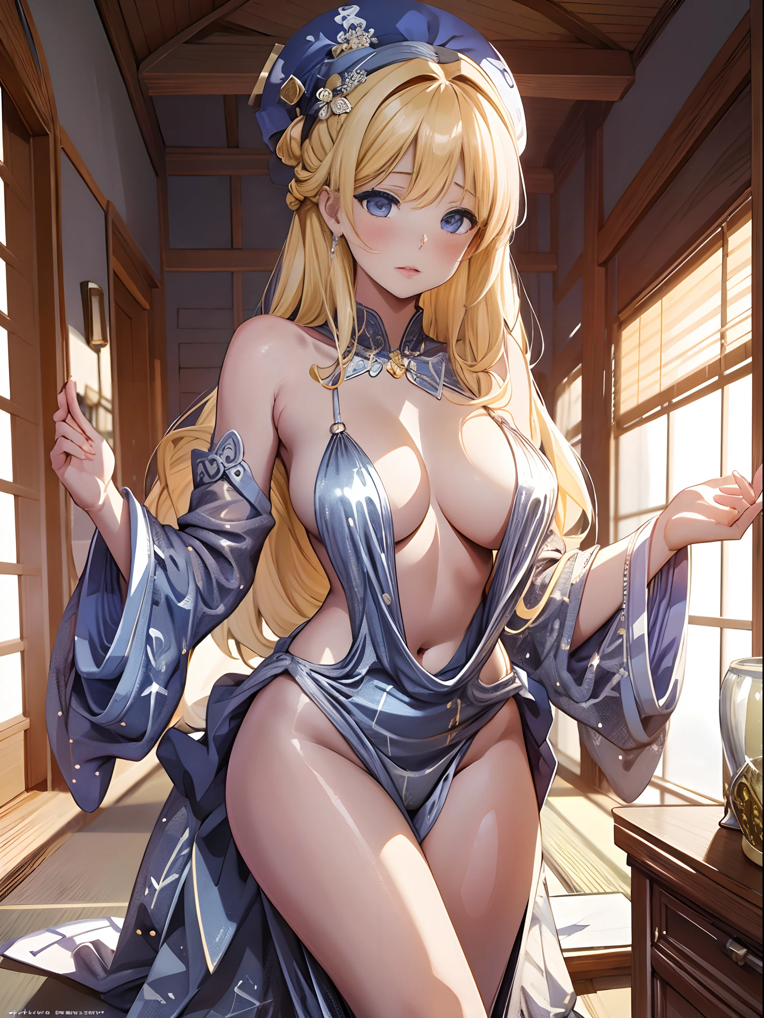 28
(Enrich the picture,Masterpiece level quality)Beautiful 8K CG artwork,Goddess-like posture,sittinng on the river,Postural exercises,Slim and soft,Translucent skin,Yellow hair、The beauty of extra-long hair, Super Long Straight Hair,The skin is fair and juicy,Underwear uniforms,Perspective Part 1.2x enhanced silhouette effect,Exquisite transparent blues pattern in pajamas,The details are intricate and exquisite,The background is slightly blurred,Charming and lustful leg seduction,Drool,Extra-large big breasts,Blush,Japan goddess,Perfect body slim curves,Scene by the sea,