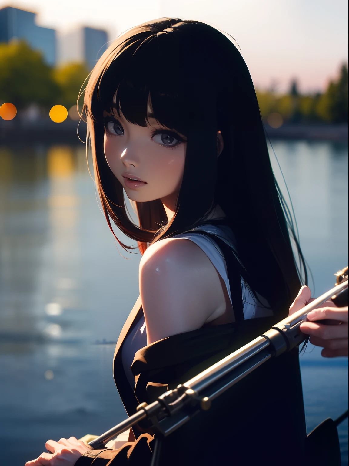 ((((Have a fishing rod with a reel by the lake)))),((Best Quality, masutepiece :1.3)),((( Large Mouth Bus))),hight resolution,ultra-detailliert,Beauty and aesthetics,​masterpiece,best qualtiy,(Japan woman fishing),Black hair, long eyeslashes, Solid Circle Eyes, deadpan, drop shadow, Atmospheric perspective,Super Detail, ccurate, small brest,(Black jacket :1.2),top-quality, blurry backround, bokeh dof:1.2, (​masterpiece:1.3), (Sunnyday:1.2), Atmospheric perspective,Super Detail, ccurate,