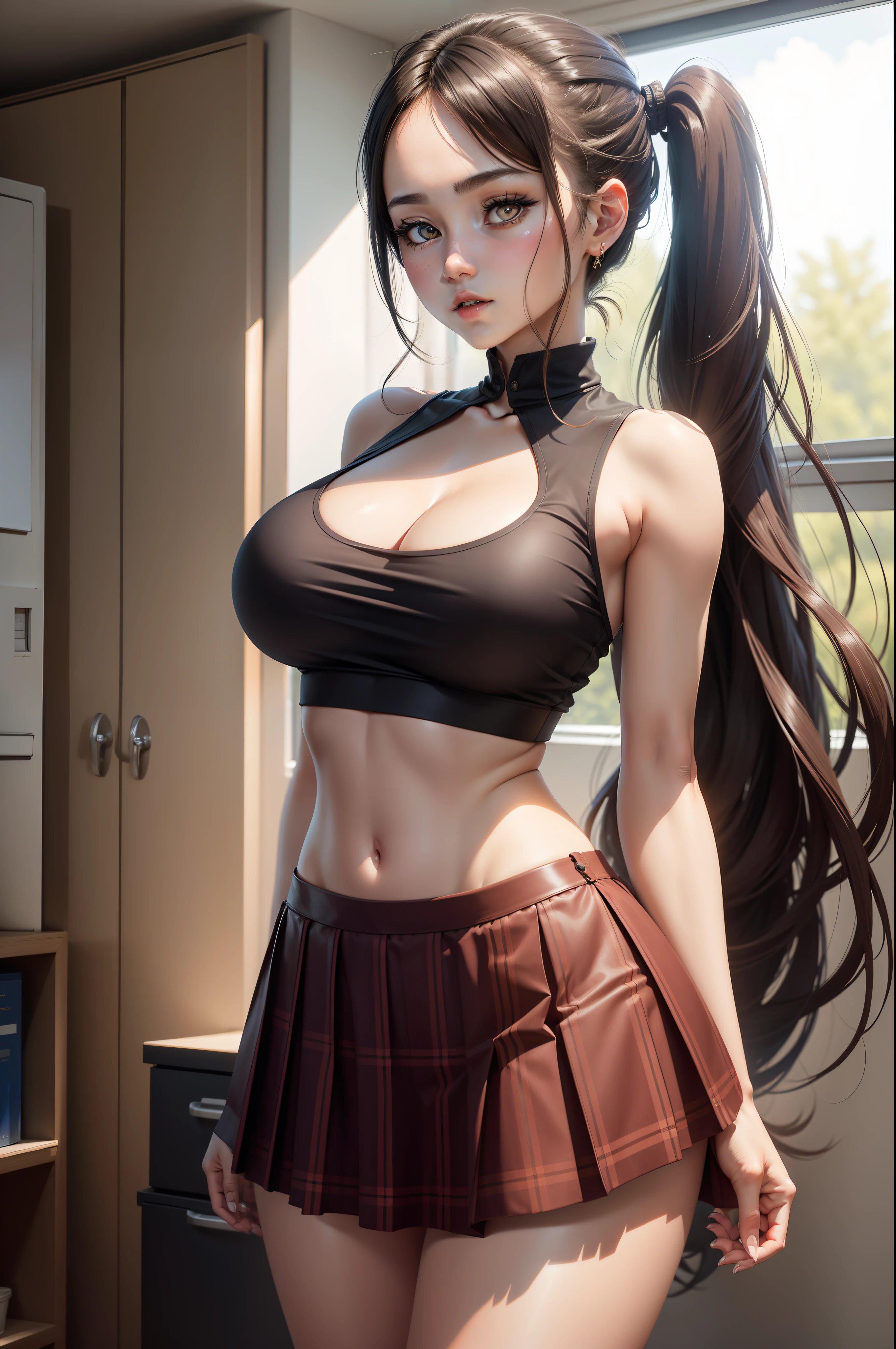 tmasterpiece，best qualtiy，（realisticlying，realisticlying：1.4），（RAW photos：1.2），Very detailed CG unity 8k wallpaper，very fine and beautiful，Amazing Cleavage，finely detailled，offcial art，absurderes，unbelievable Ridiculous，hugefilesize, ultra - detailed, The is very detailed, Nice detailed girl, very detailed eyes and faces, Beautiful detailed eyes, There is light on the face, 1girl, Long hair, ((pony tails)), solo, cute, looking at viewer, (perfect female figure) , big breasts thin waist, full bodyesbian, huge tit, standing on your feet, 校服, Superskirt, Superskirt, plaid skirts, nabel, Crop topping，Bare chest, Sleeveless shirt, Bare arms, By bangs, schools, ‎Classroom, ulzzang-6500-v1.1