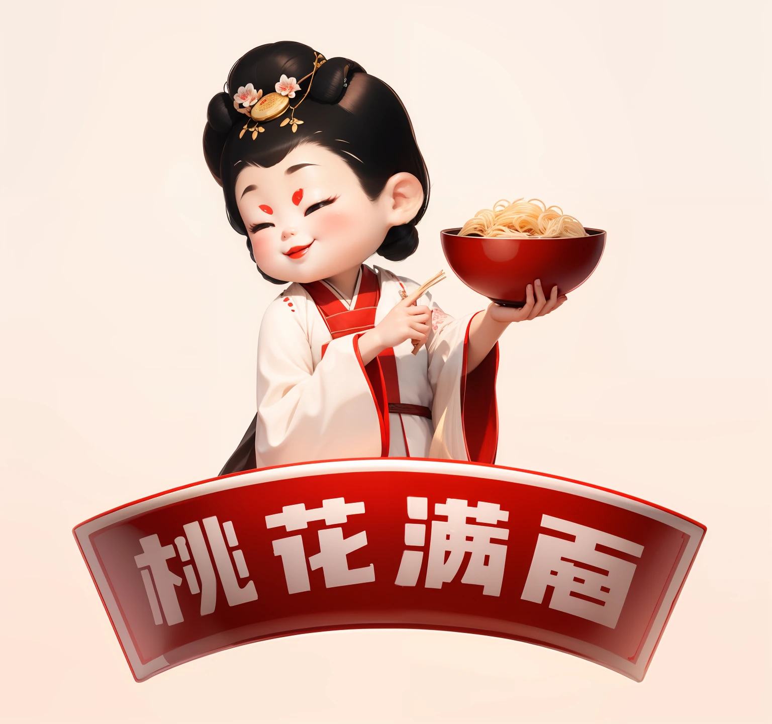 (Masterpiece),(Best quality),(Ultra detailed), Masterpiece, High quality, Best quality,  3Drenderingof, 1girll, Holding a bowl of noodles, Makeup, Cherry small mouth, Squint and smile, Black bun, black color hair，White background, Hanfu, Simple background, Red lips, Hanfu, ssmile, The index finger of the right hand points to the bowl, Blonde hair, Orchid finger, Chest covering, Tang dynasty lady，