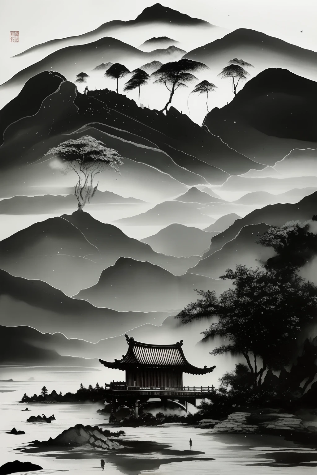 masterpiece,best quality,ink painting, greyscale,Chinese martial arts style, with vast sky, continuous mountains and steep cliffs, ink wash style, outline light, ((atmospheric atmosphere)), depth of field, mist rising, pavilion,Stone step,pine trees, stone pavilions, waterfalls,ink,[black and white],