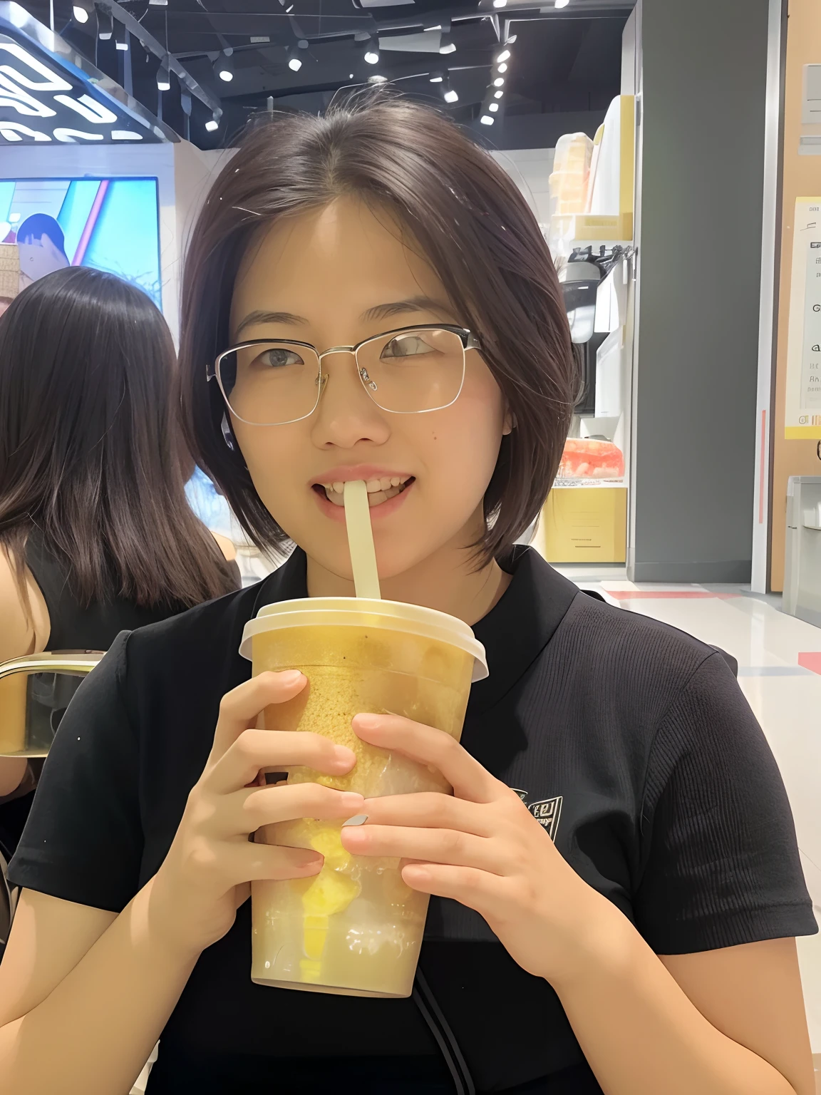 Woman holding a cup of coffee，There is a straw inside, drink boba tea, with a straw, xintong chen, holding a drink, drinking a drink, wenfei ye, xision wu, drinking a strawberry iced latte, holding a boba milky oolong tea, Li Zixin, Yun Ling, chengyou liu, Zhang Wanting, wenjun lin, ren heng