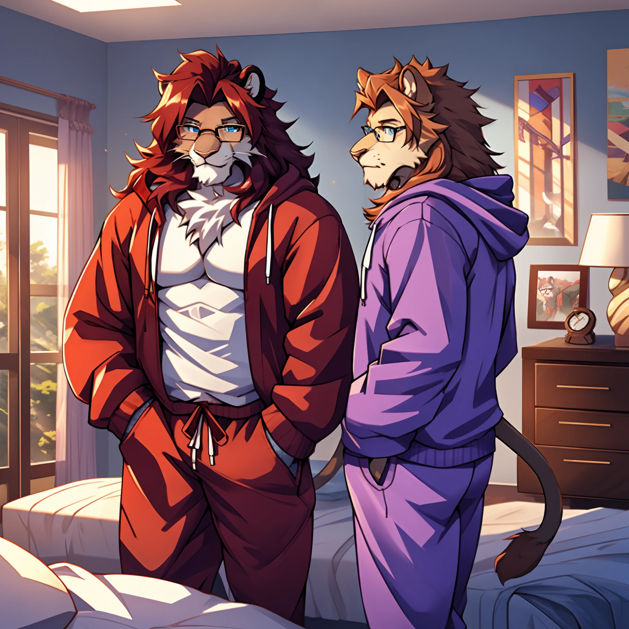Dark red mane, big mane, beautiful mane, lion furry, wearing pajama, wearing glasses, blue eyes, muscular body, stripes, detailed hands, purple pajama, lion tail, big ears, cute pajama, in a room, pajama with a hoodie, hoodie with cat ears