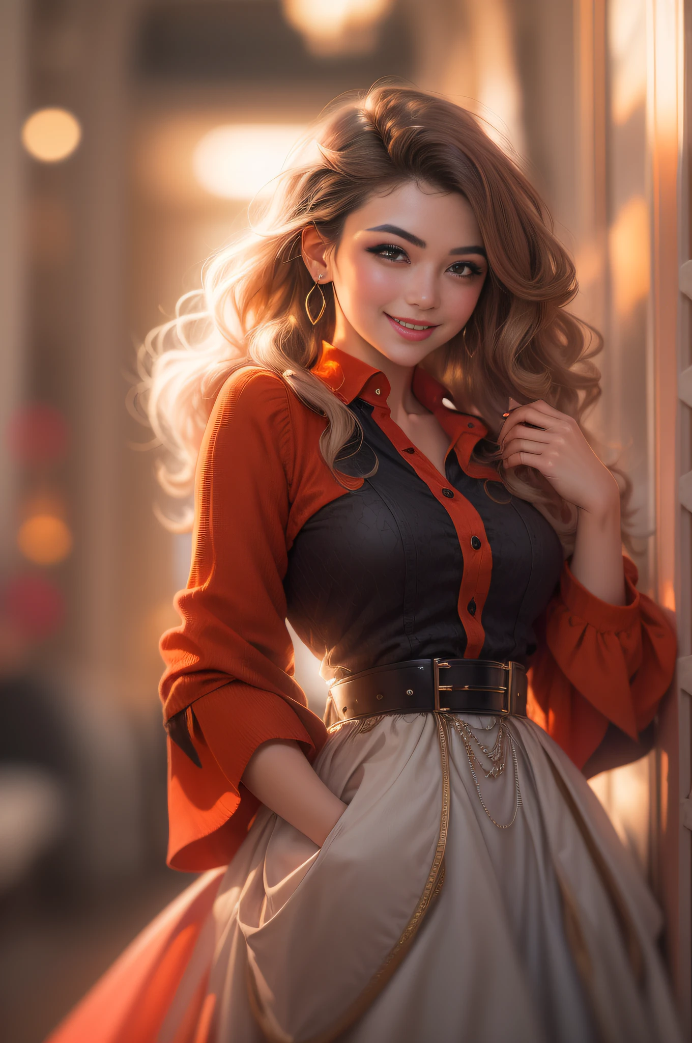 The Arad woman in a red dress smiled at the camera, Soft portrait shot 8 K, 8K Artgerm bokeh, Beautiful young woman, beautiful portrait lighting, beautiful and smiling, Bokeh top cinematic lighting, Beautiful girl portrait, Portrait shooting, Gorgeous woman, elegant smiling pose, young beautiful woman, A beautiful young woman, Portrait photo of a beautiful, cute seductive smile