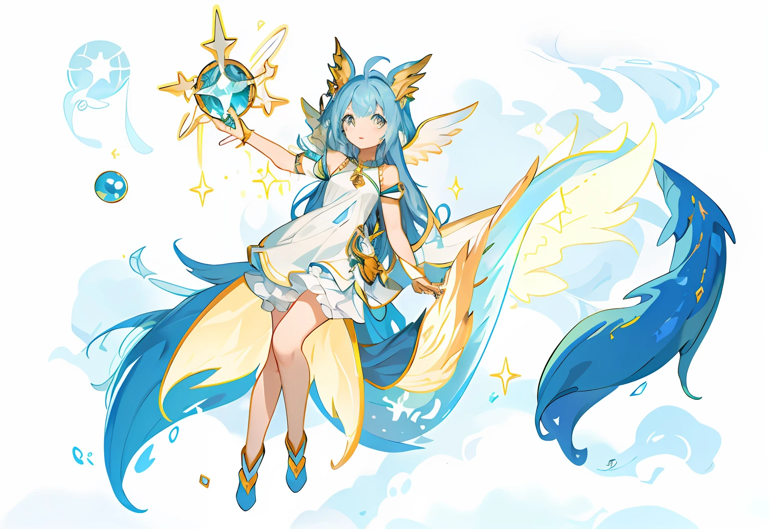 Anime girl with light blue hair and light yellow dress holding white object,Stand at the bottom of the sea,Wyvern Wyvern,long haired humanoid fursona, White-haired god, slimes,rimuru tempest, sky witch,,Cosmic hair, astral fairy, furaffinity fursona, astral ethereal, female fursona, mizutsune,Huge dragon horns,((Long mermaid tail)),No legs,ocean floor,The fish