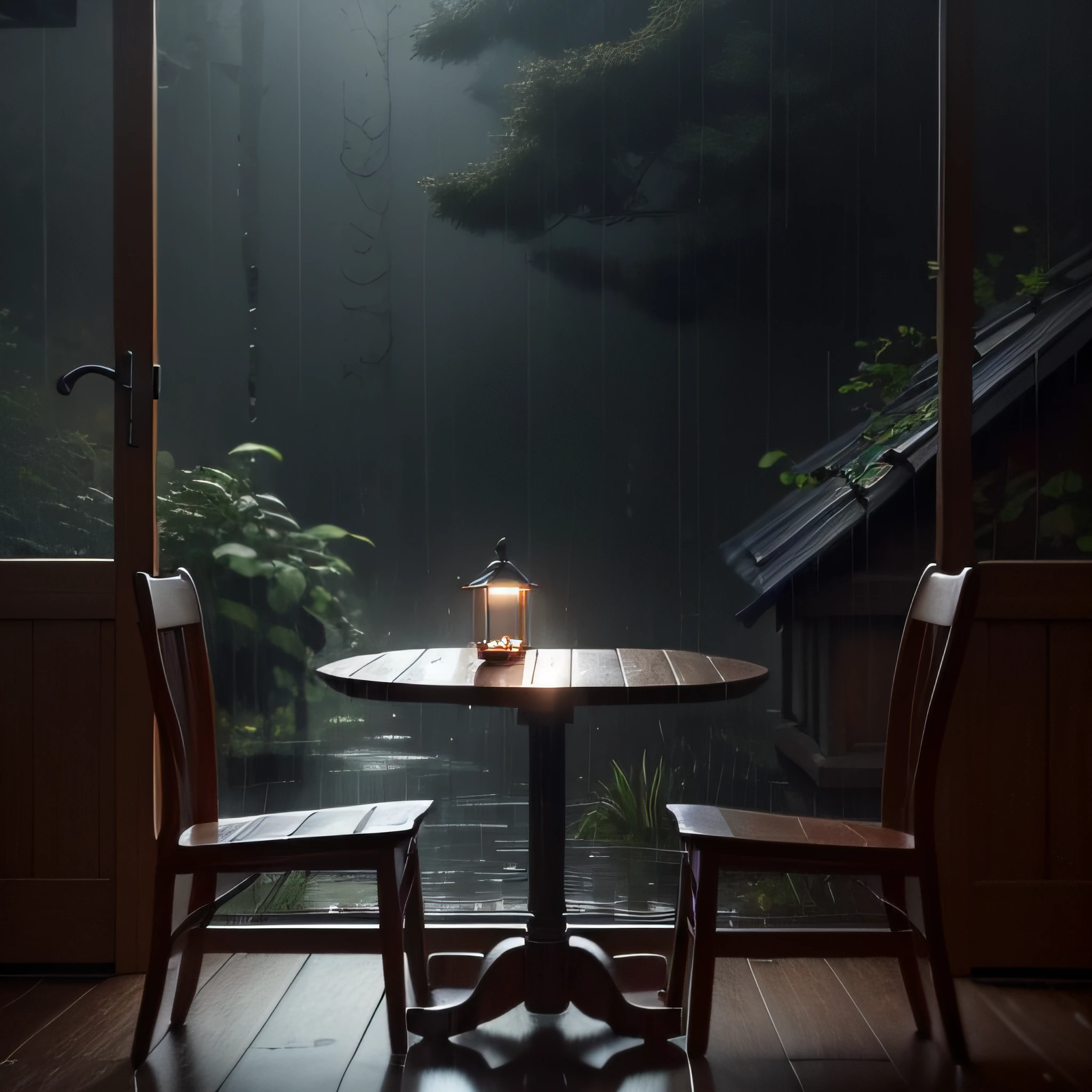 there is a small wooden house with a table and chairs in the rain, rainy day outside, magical environment, quiet and serene atmosphere, in a rainy environment, rainy outside, rainy afternoon, inside on a rainy day, rainy scene, by Raymond Han, rainy atmosphere, rainy environment, rainy mood, rainy and gloomy atmosphere, rainy evening, atmospheric fantasy setting