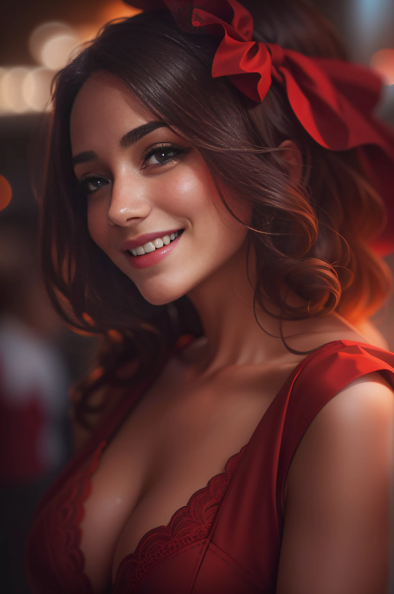 The Arad woman in a red dress smiled at the camera, Soft portrait shot 8 K, 8K Artgerm bokeh, Beautiful young woman, beautiful portrait lighting, beautiful and smiling, Bokeh top cinematic lighting, Beautiful girl portrait, Portrait shooting, Gorgeous woman, elegant smiling pose, young beautiful woman, A beautiful young woman, Portrait photo of a beautiful, cute seductive smile