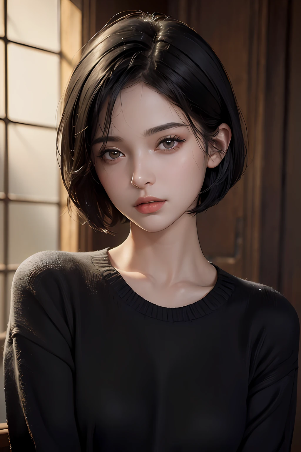 (masterpiece:1.3), (8k, photorealistic, RAW photo, best quality: 1.4), (1girl), beautiful face, (realistic face), (black hair, short hair:1.3), beautiful hairstyle, realistic eyes, beautiful detailed eyes, (realistic skin), beautiful skin, (sweater), absurdres, attractive, ultra high res, ultra realistic, highly detailed, golden ratio