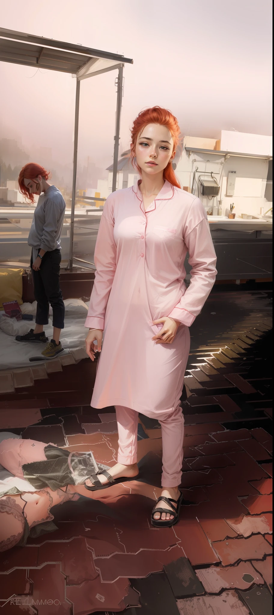 "(((realistic))), ((((woman)))), straight from real life, with (hair_red) red hair, sleeping on a bed wearing (pijama_pink) pink pajamas and long pants, navel and armpit showing."