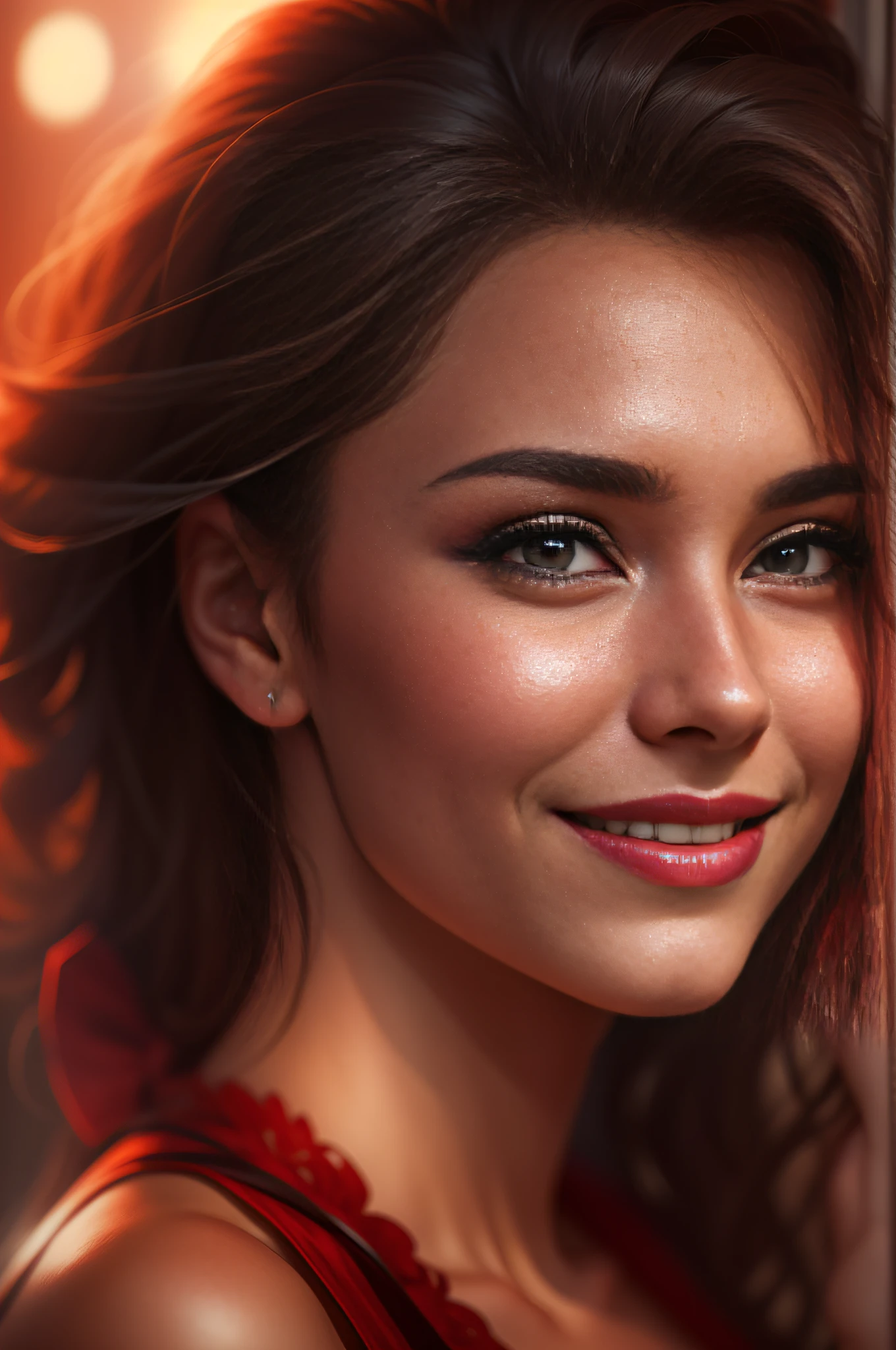 The Arad woman in a red dress smiled at the camera, Soft portrait shot 8 K, 8K Artgerm bokeh, Beautiful young woman, beautiful portrait lighting, beautiful and smiling, Bokeh top cinematic lighting, Beautiful girl portrait, Portrait shooting, Gorgeous woman, elegant smiling pose, young beautiful woman, A beautiful young woman, Portrait photo of a beautiful, cute seductive smile