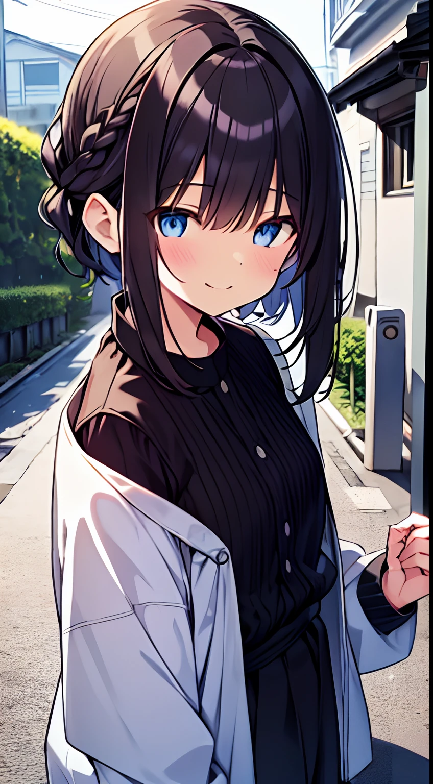 Anime girl with long hair and blue eyes standing on a street - SeaArt AI
