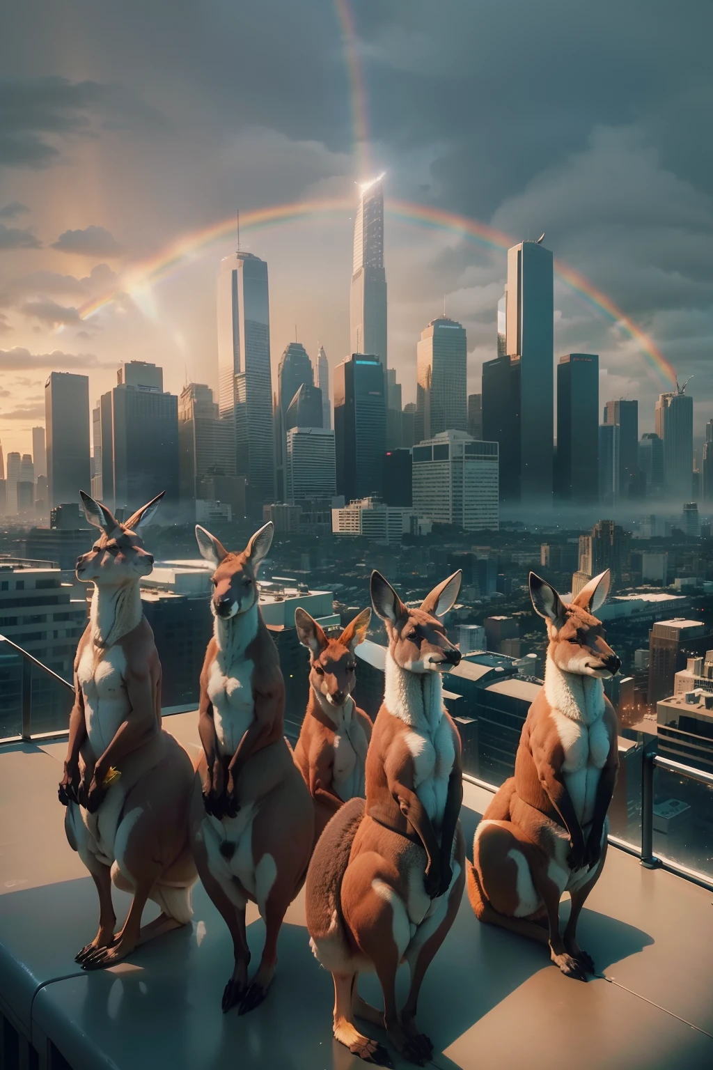A large herd of 4 kangaroos standing on top of a tall building in the middle of Melbourne city looking at the camera curiously, (((wide shot))), sunset in background, overcast, ((rainbow)), standing Kangaroos, skyscrapers, greenery, (snowfall), (((magic sparkles))), beautiful scenery, Melbourne city, (((Melbourne Cricket Ground in background))), (((Melbourne skyline))), buildings, city skyline, vibrant sky, (((subject: large herd of kangaroos standing on roof top of tall building looking at the camera))), (((cinematic photo))), epic, hyper realistic photo, 8k render, curious animals, overcast, (((herd of kangaroos))), rainbow in sky, MCG, candid photo, Aussie, city life, top view shot, numerous kangaroos