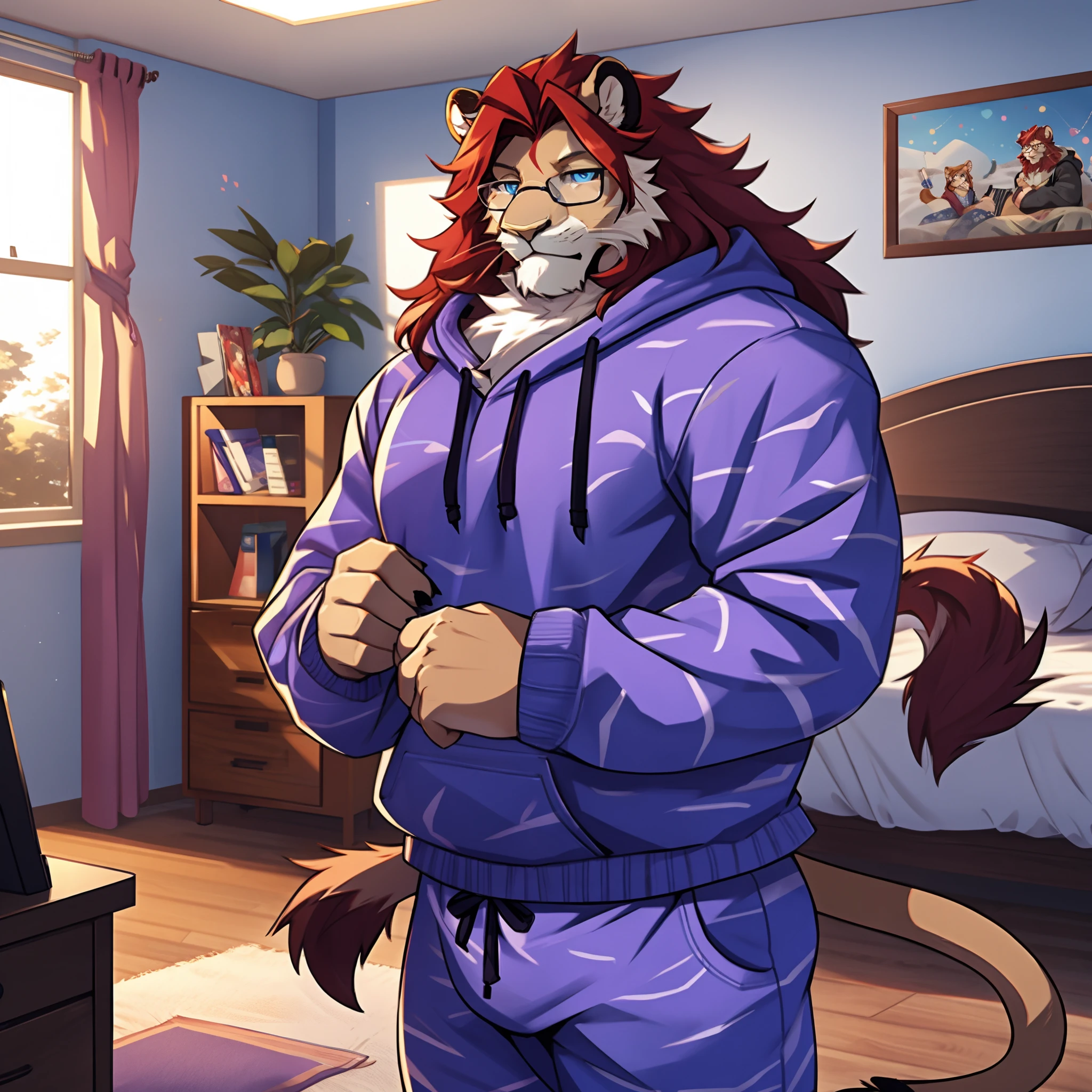 Dark red mane, big mane, beautiful mane, lion furry, wearing pajama, wearing glasses, blue eyes, muscular body, stripes, detailed hands, purple pajama, lion tail, big ears, cute pajama, in a room, pajama with a hoodie, hoodie with cat ears
