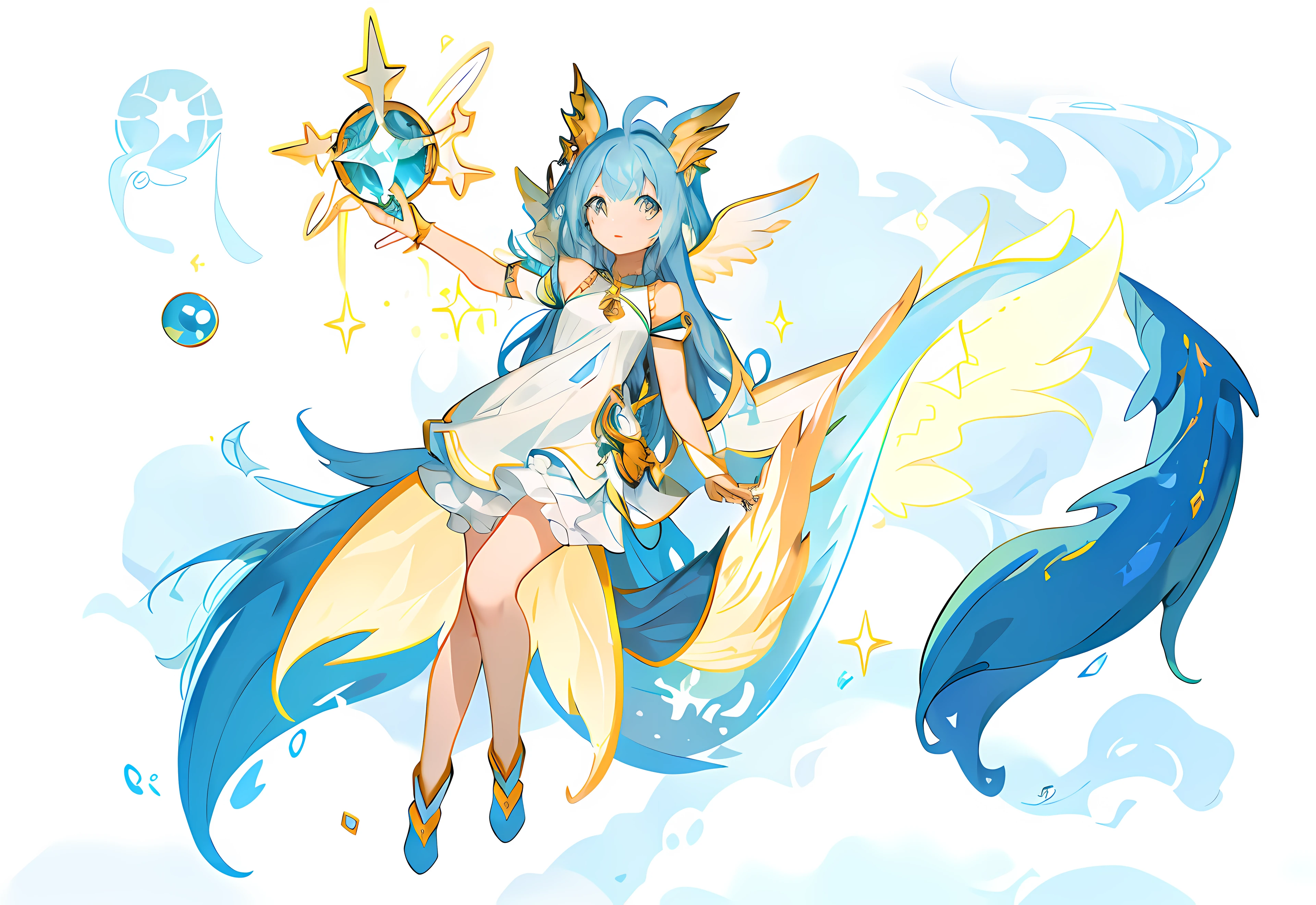 Anime girl with light blue hair and light yellow dress holding white object，Stand at the bottom of the sea，Wyvern Wyvern，long haired humanoid fursona, White-haired god, slimes，rimuru tempest, sky witch,,Cosmic hair, astral fairy, furaffinity fursona,  astral ethereal, female fursona, mizutsune，Huge dragon horns，（（Long mermaid tail）），No legs，ocean floor，The fish