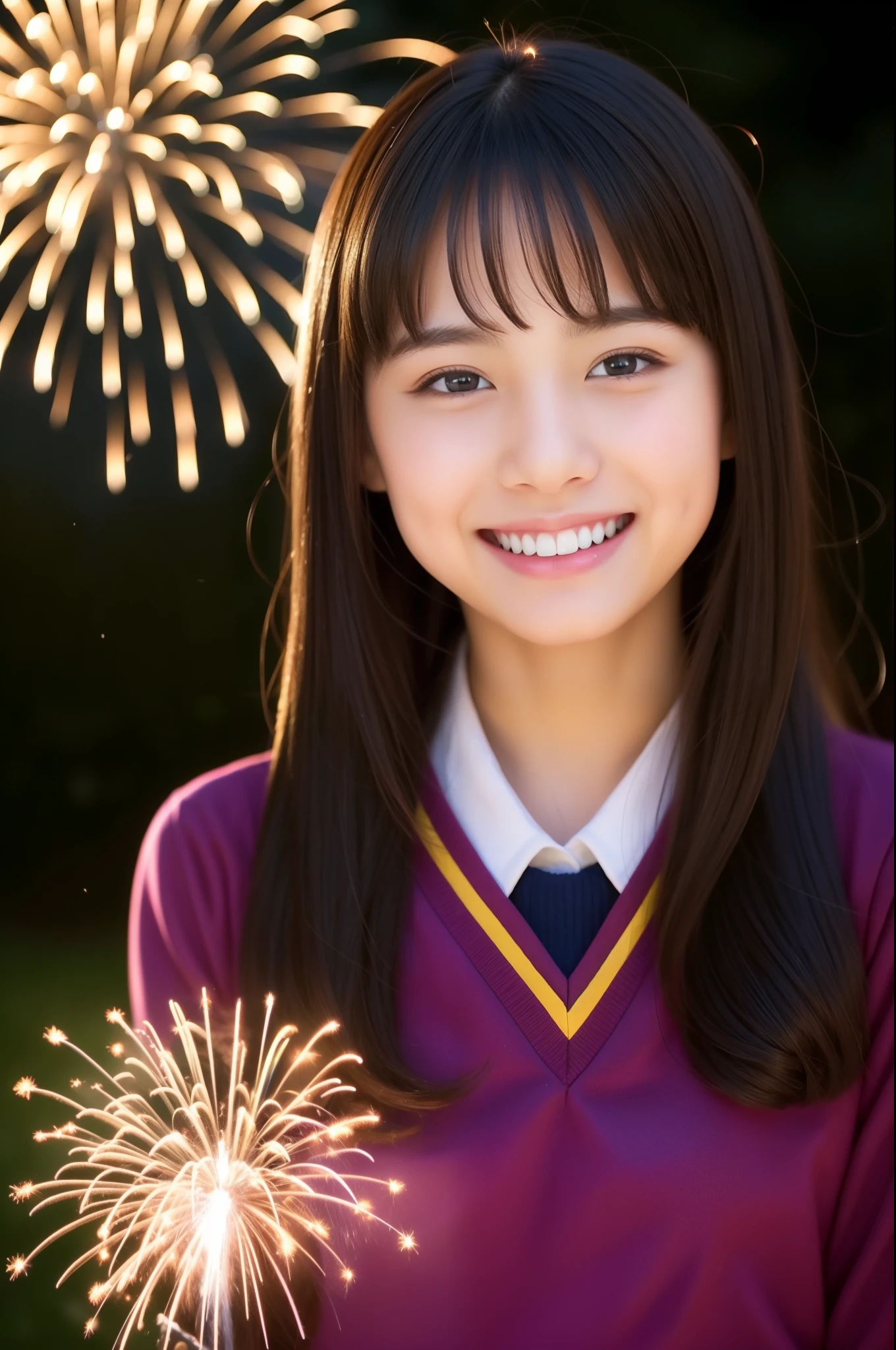 A smile、a beauty girl、hi-school girl、While doing fireworks