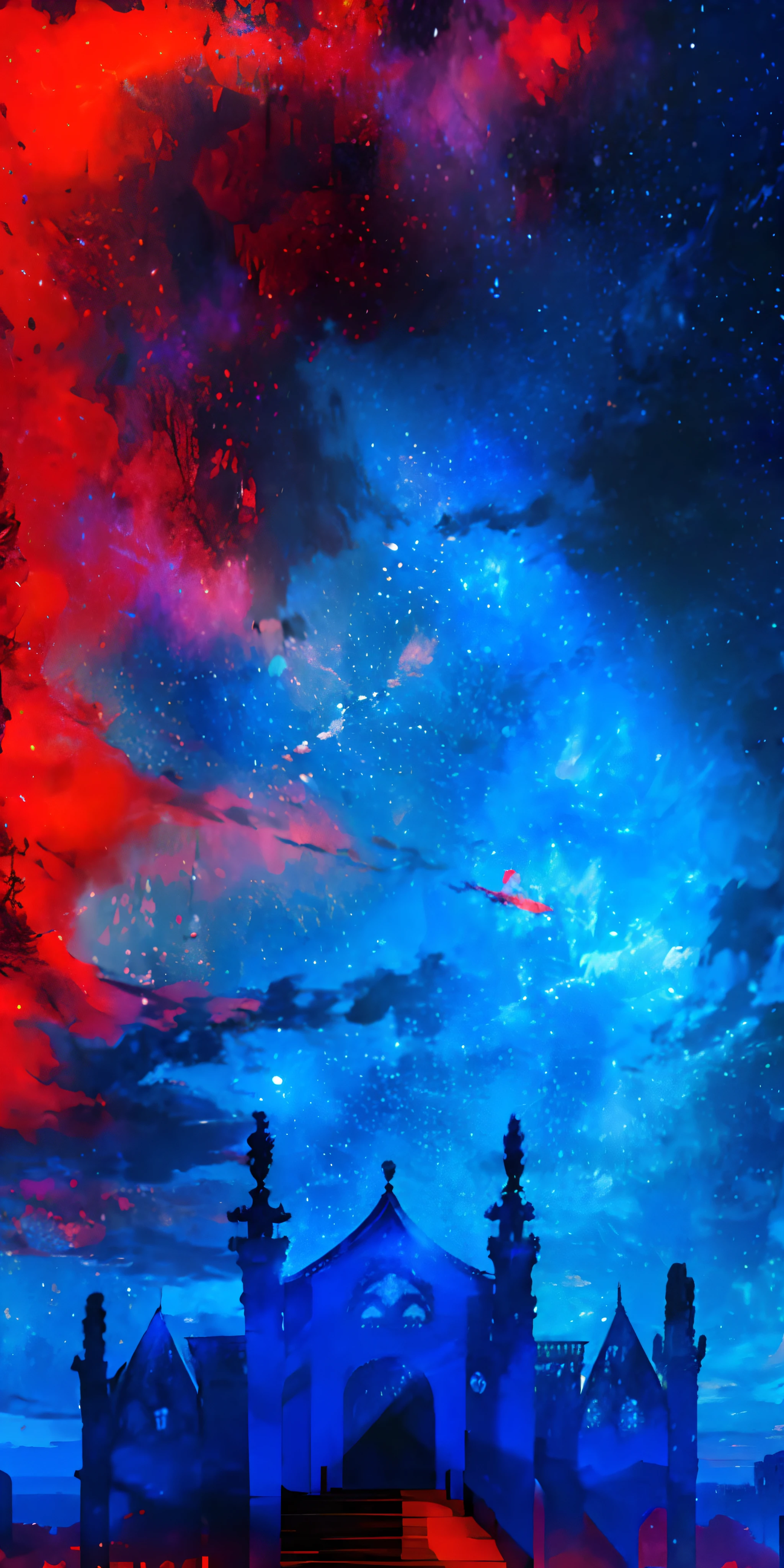 towers of god, blue towers, violet, blue, red, god, red sky, violet sky, starry sky, stars, starry towers, starry god, light blue, civilization, order