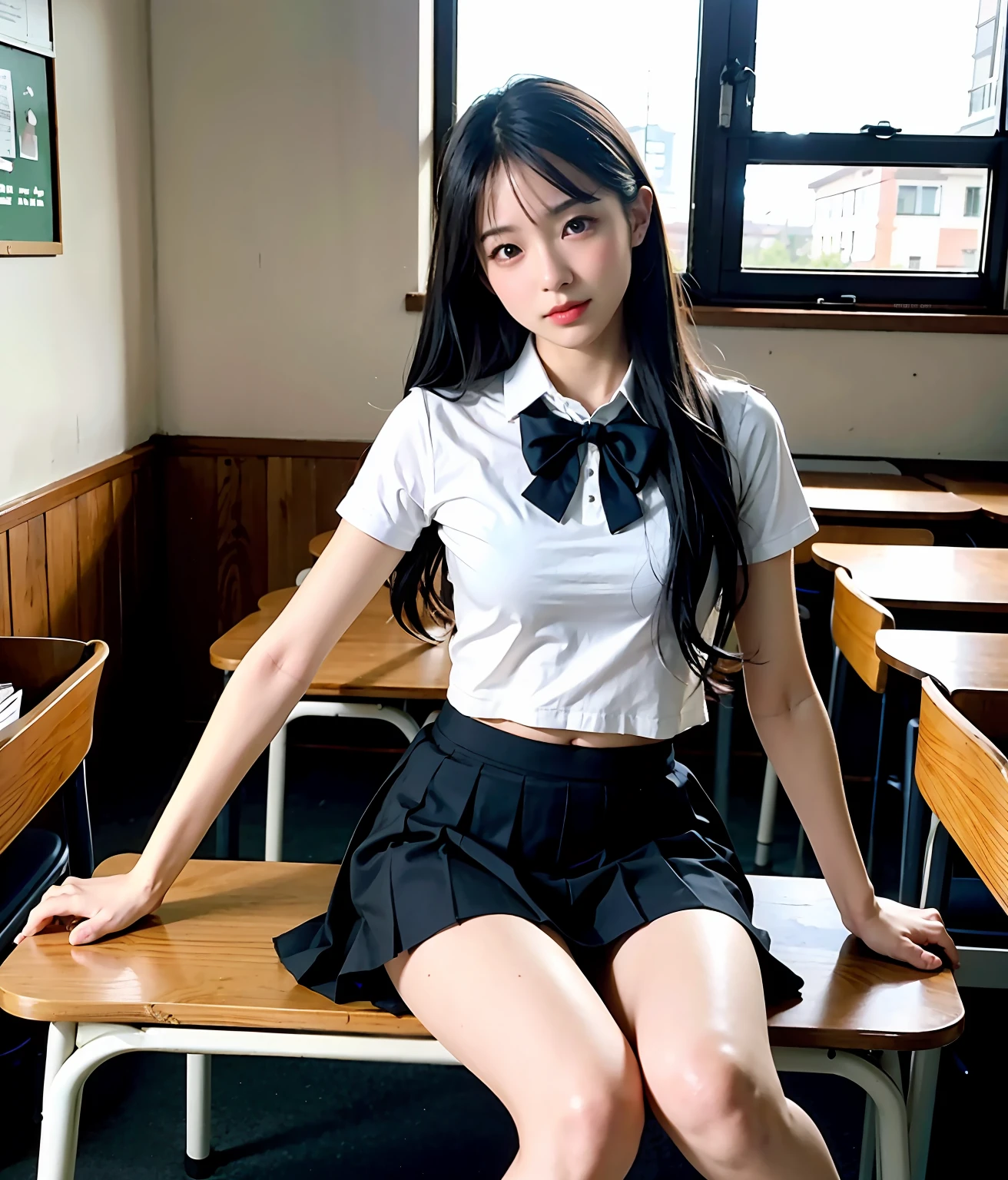 Long black hair, white skin, Chinese, young, thick eyebrows, black eyes, biting lips, white school uniform, green tie, small waist, blue short skirt, white socks, in the classroom, sitting on the desk, revealing white panties, slim legs, brown school shoes, realistic, 8k, masterpiece, high resolution, high resolution, anatomically correct, high resolution, inspired by Marin Kitagawa in anime