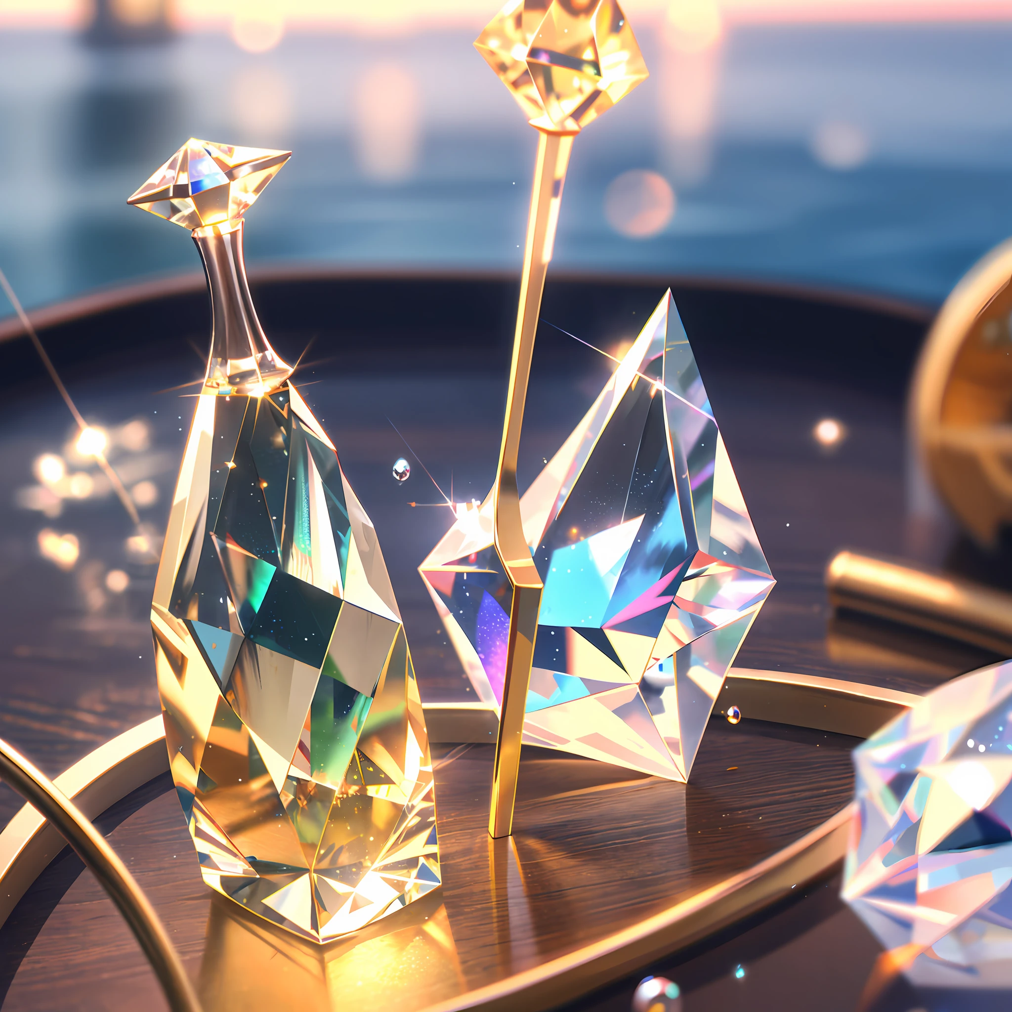 bottle, water, diamond , crystal,, ray tracing, Tyndall effect,  depth of field, blurry background, blurry foreground, light particles, reflection light, rim light, bloom effect,, masterpiece, best quality,best quality, highres, original, extremely detailed wallpaper