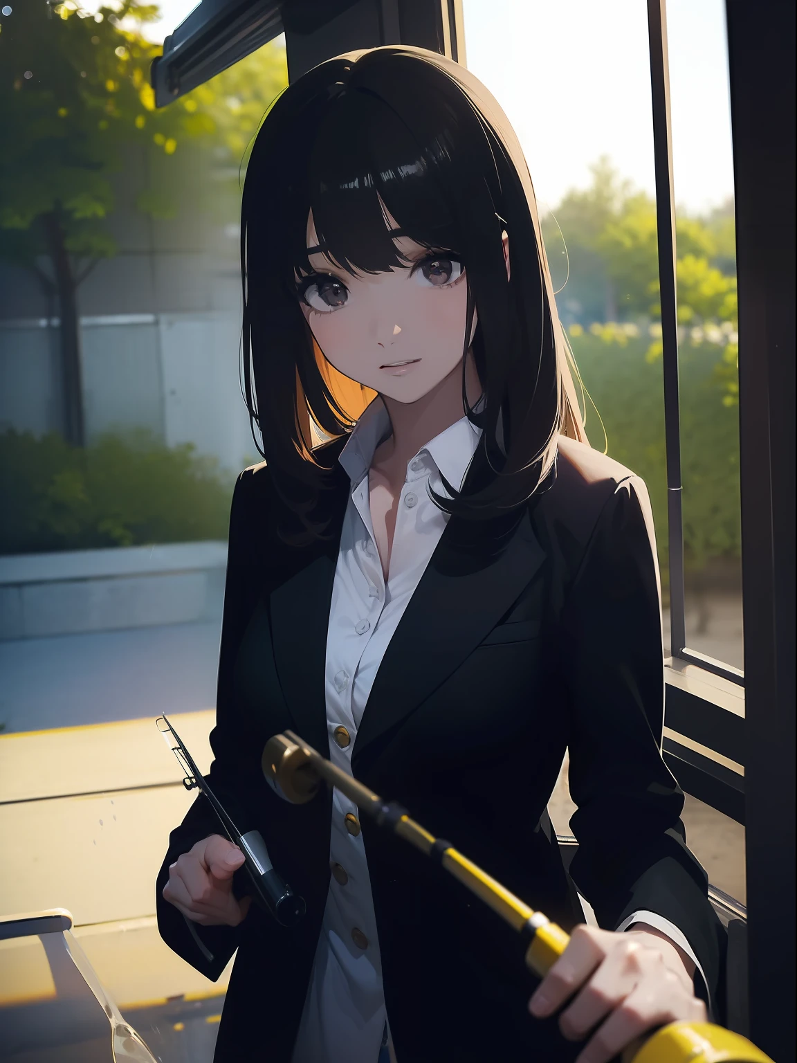 ((((Have a fishing rod with a reel by the lakeride)))),((Best Quality, masutepiece :1.3)),((( Large Mouth Bus))),hight resolution,ultra-detailliert,Beauty and aesthetics,masterpiece,best qualtiy,(1 Japanese woman),Black hair, long eyeslashes, Solid Circle Eyes, deadpan, drop shadow, Atmospheric perspective,Super Detail, ccurate, small brest,(Black jacket :1.1),top-quality, absurderes:1.2, blurry backround, bokeh dof:1.2, a picture, (masterpiece:1.3), (intricate detailes:1.2), Atmospheric perspective,Super Detail, ccurate,