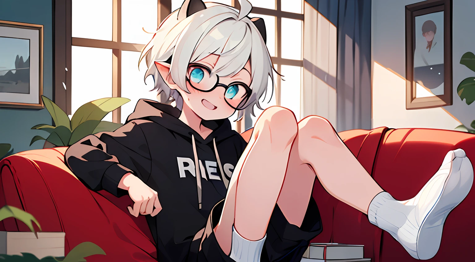 ((masterpiece)),(((best quality))), (high-quality, breathtaking),(expressive eyes, perfect face), 1boy, solo, male, short, young, small boy, short white hair, aquamarine eyes, goblin ears, smiling, wearing round glasses, blushing, oversize black hoodie, white short shorts, white socks, holding stuff animal, cute,sitting in the couch