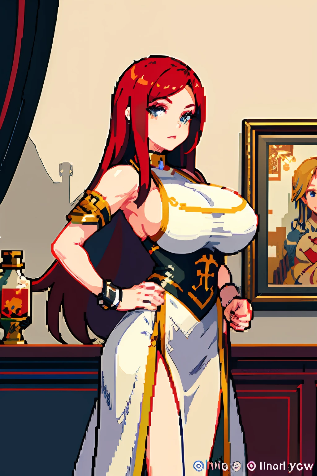 red hair, warrior,  (masterpiece, top quality, best quality),pixel,pixel art, 1girl, (best quality:1.3),(masterpiece:1.1),(illustration:1.2),(ultra-detailed:1.2),big breast,massive breasts,