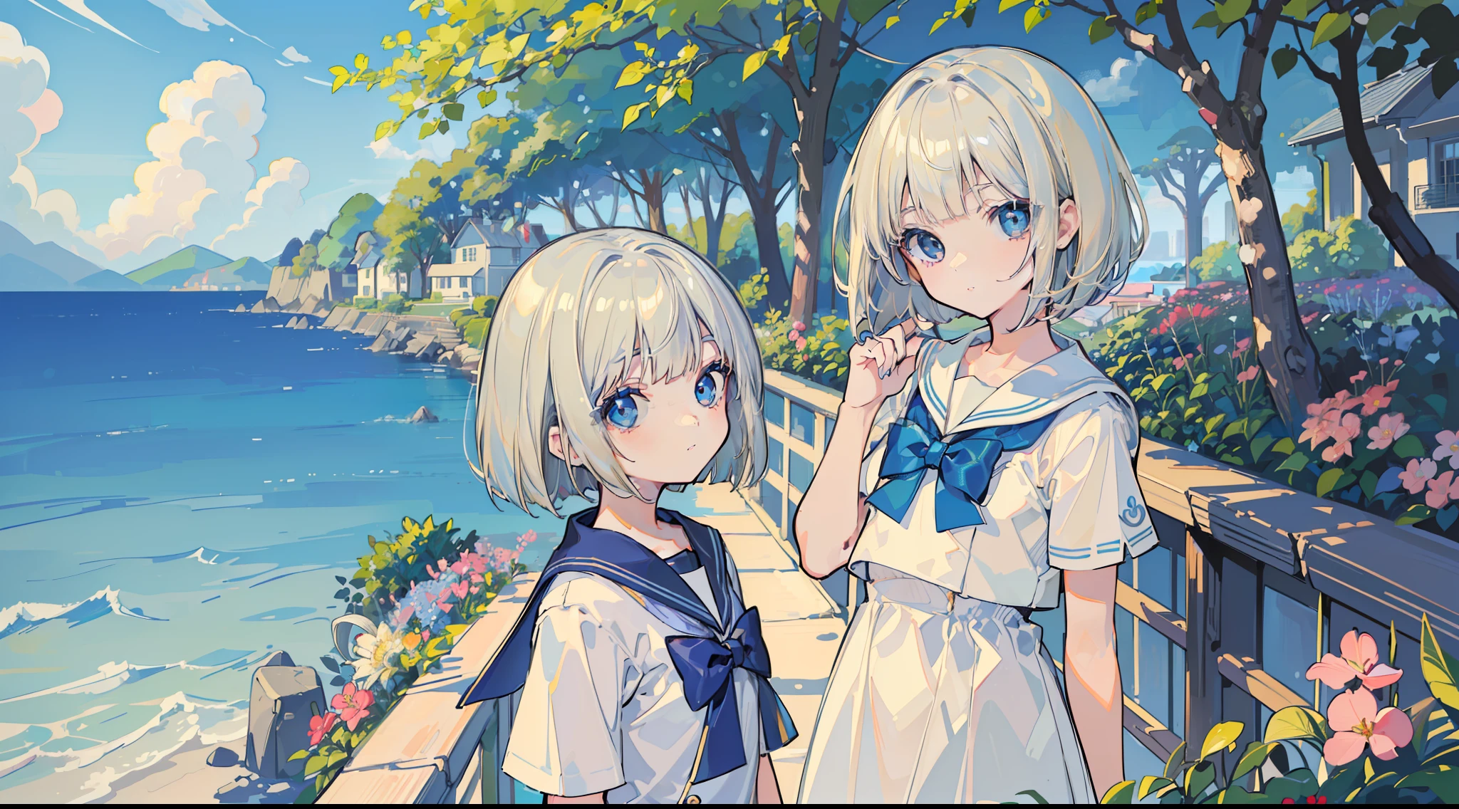 (top quality), (masterpiece), (perfect face), (ultra-detailed), 2girls, (blonde hair, bob cut, blue eyes, sailor suit, cute, kawaii), (silver hair, short hair, asymmetrical bangs, blue eyes, sailor suit, cute, kawaii), (summer sky, flower garden overlooking the sea)