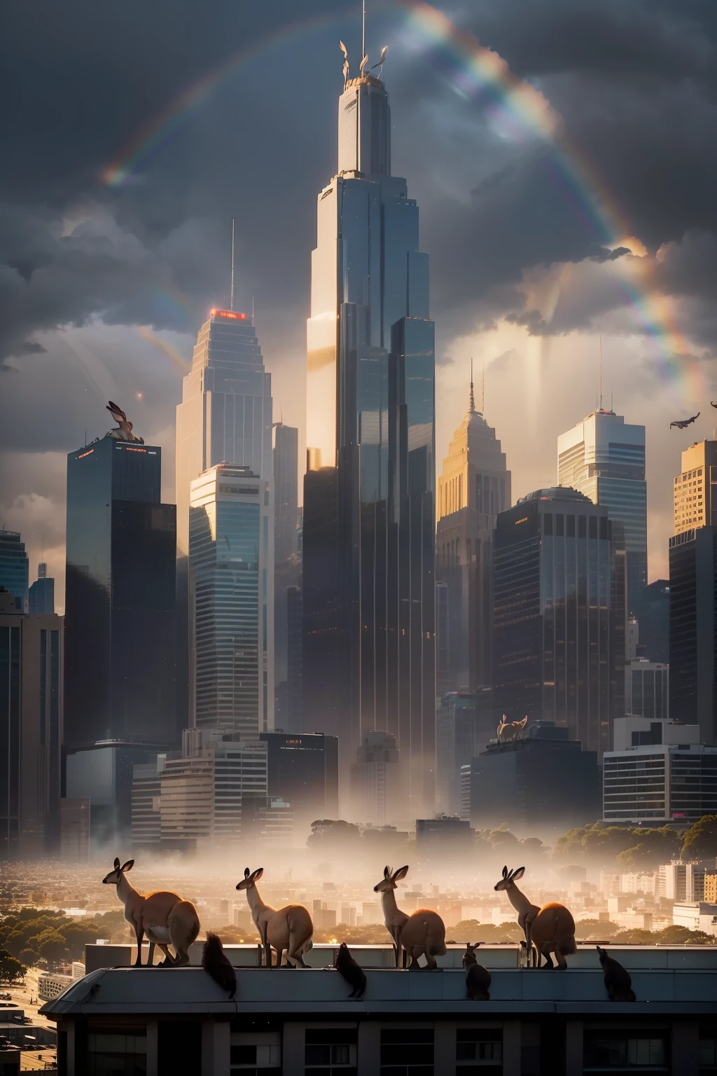 A large herd of 4 kangaroos standing on top of a tall building in the middle of Melbourne city looking at the camera curiously, (((wide shot))), sunset in background, overcast, ((rainbow)), standing Kangaroos, skyscrapers, greenery, (snowfall), (((golden sparkles))), beautiful scenery, Melbourne city, (((Melbourne Cricket Ground in background))), (((Melbourne skyline))), buildings, city skyline, vibrant sky, (((subject: large herd of kangaroos standing on roof top of tall building looking at the camera))), (((cinematic photo))), epic, hyper realistic photo, 8k render, curious animals, overcast, (((herd of kangaroos))), rainbow in sky, MCG, candid photo, Aussie, city life, top view shot, numerous kangaroos