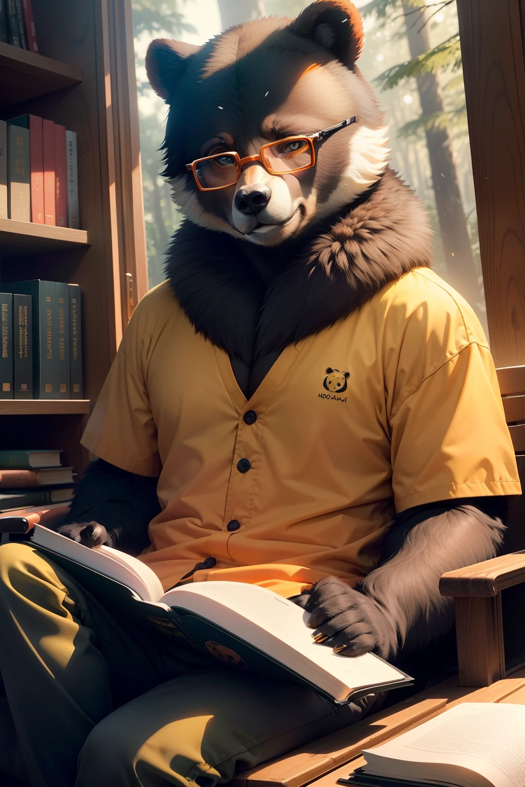 NOWAI,ln the forest,In the daytime,Male bear with glasses,There are books on the paws(The book is not opened),a warm color palette,High color brightness,quadratic element,adolable,Anime comic style,sit on chair,It is mainly orange-yellow,Glasses should have a sense of technology