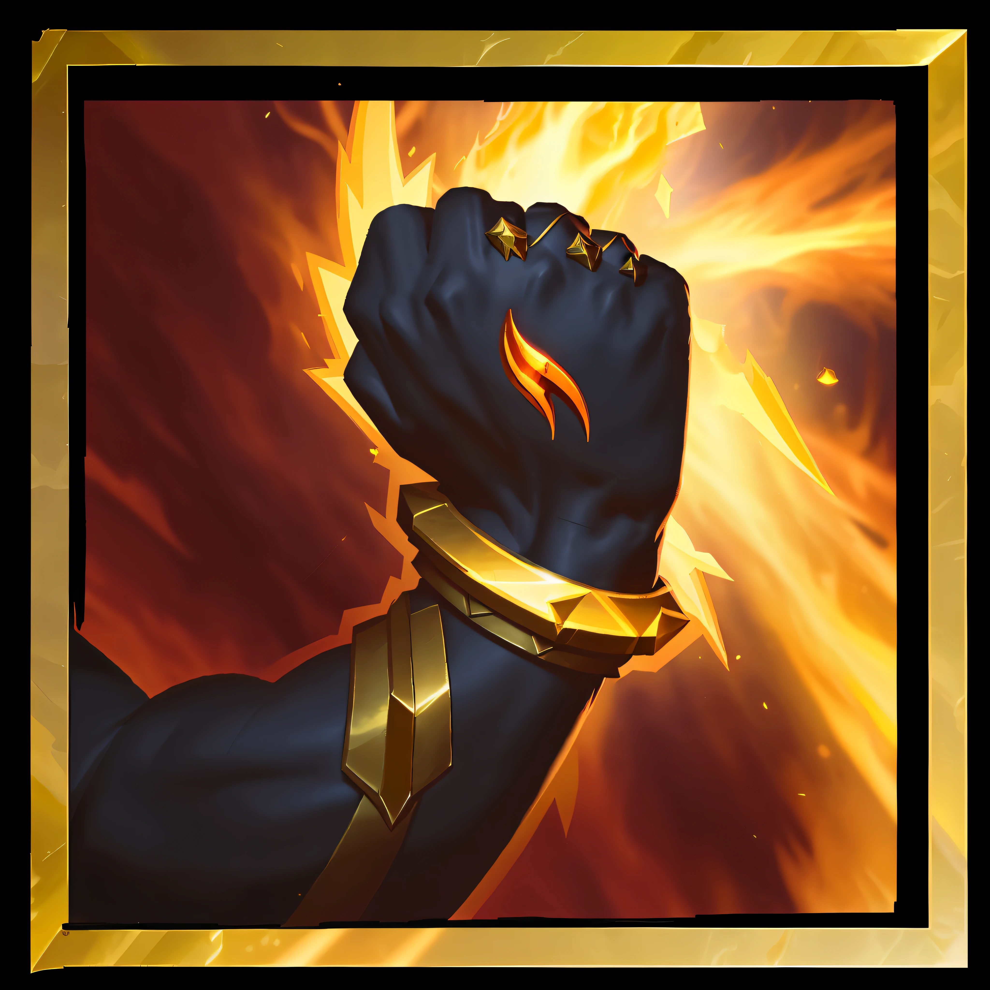 Close-up of muscular arms clenched into fists,league of legends inventory item, godsent, ability image, item art, legendary item, holy flame spell, holy flame crown spell, character icon, Brigitte, holy fire spell art, flame conjuring armored, arcane jayce, Splash Art, Hero portrait, full protrait