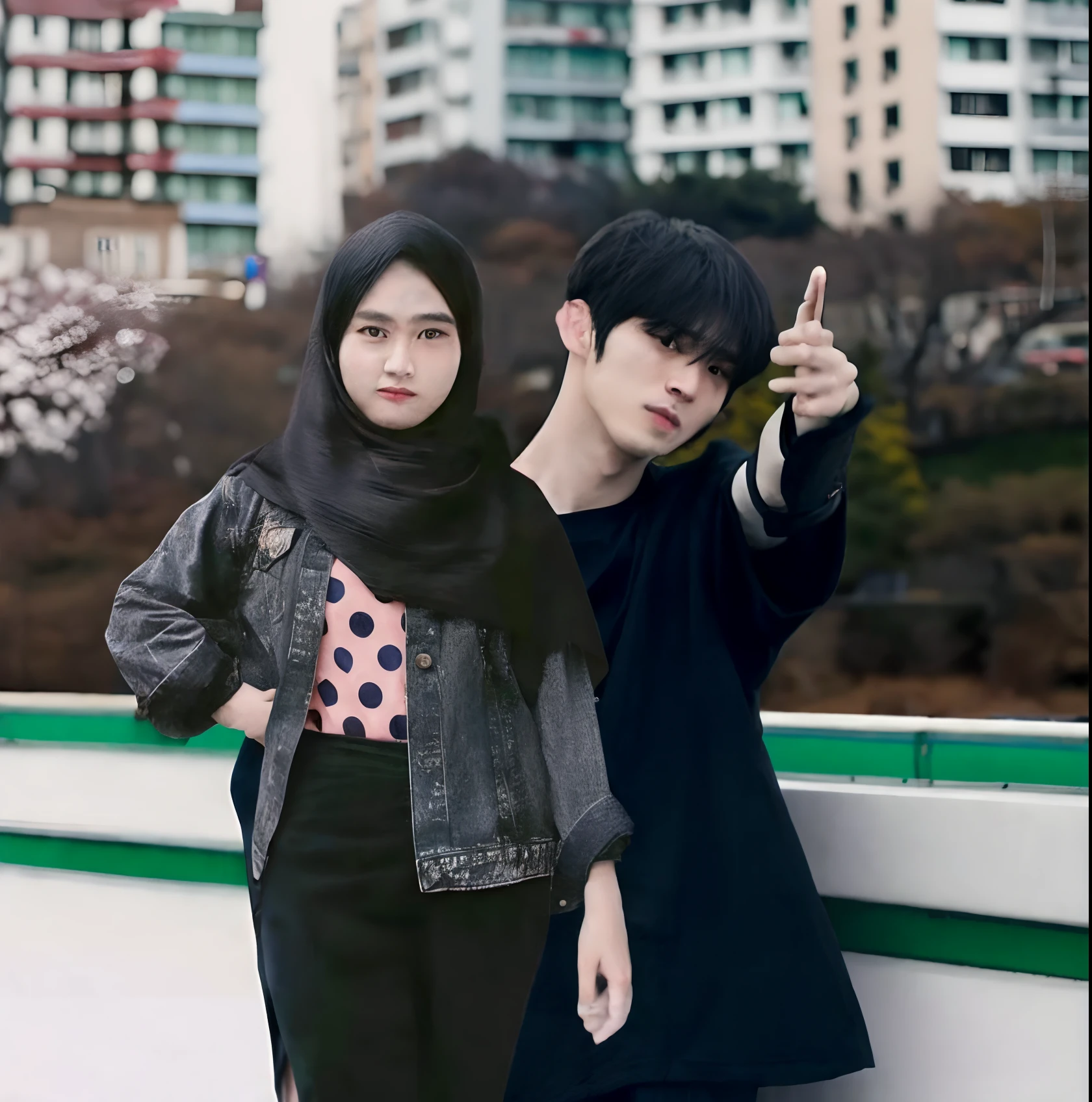 they are posing for a picture in front of a cityscape, couple pose, male ulzzang, ulzzang, artwork in the style of guweiz, anime style mixed with fujifilm, couple, jinyoung shin, smooth in _ the background, lovely couple, kim doyoung, taejune kim, inspired by jeonseok lee, 🚿🗝📝