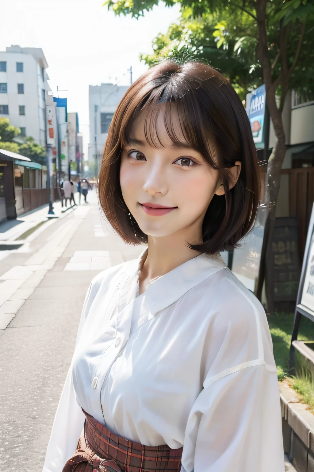 Produce the highest quality 4K images。Draw a 20-year-old Japan woman。She wears OL attire、It is characterized by brown eyes and sag-like eyes.、She has a pretty face.。The upper body of the model is depicted、I have a brown short bob hairstyle.。Please look at us with a smile on your face.。The background should depict the cityscape。