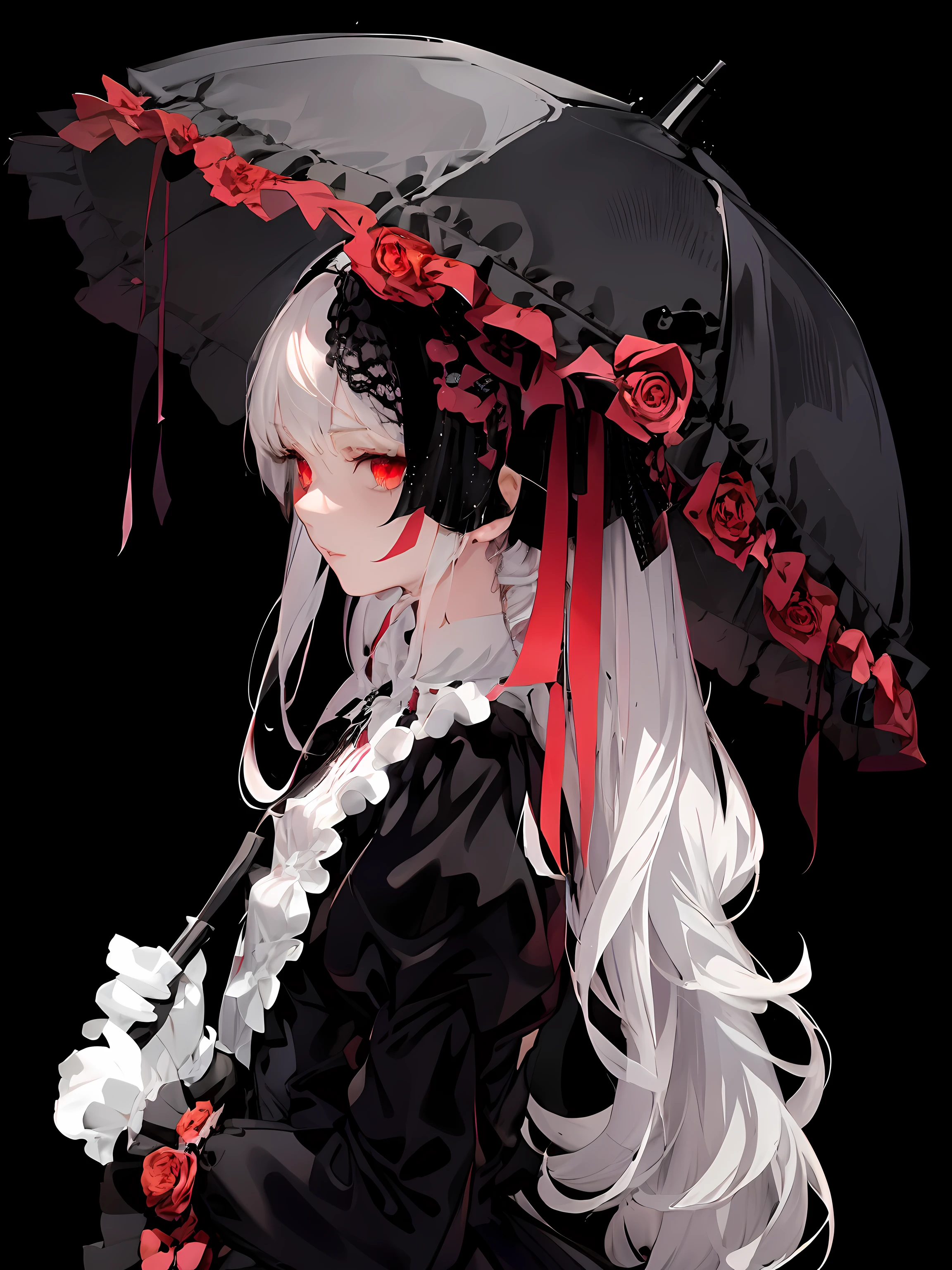 there is a woman with long white hair holding an umbrella, gothic maiden anime girl, beautiful anime art, portrait of ****ta, beautiful anime artwork, umbrella, victorian gothic ****ta fashion, anime girl wearing a black dress, pinterest anime, from touhou, clean detailed anime art, parasol, ****ta style, demon anime girl, ****ta fashion, digital art on pixiv