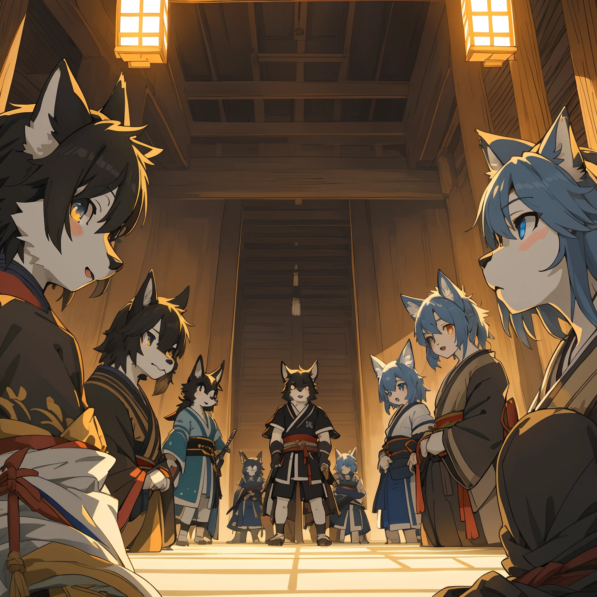 top quality, best quality, High-quality illustrations, masterpiece, super high resolution, detailed background, japanese castle, samurais, 6+boys, 6+girls, absurdres(highly detailed beautiful face and eyes)perfect anatomy, expression, good lighting, cinematic shadow(kemono, furry anthro)assorted poses, dynamic angle,