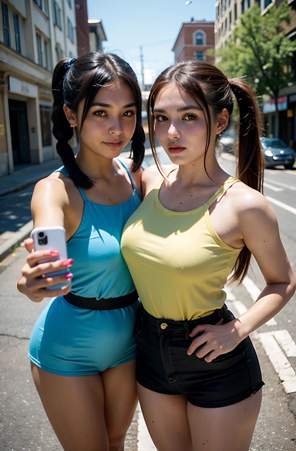 shukezouma, rendering by octane, hdr, (ultra - detailed:1.15), (Soft light, Sharp:1.2), (((duo,Two women in costume take selfies on the street,colorful pigtail, anime cosplaying,))),Beautiful girl, hyper detail eyes, mature, Painting drops, paint teardrops, woman made up from paint, entirely paint, splat, Splash, Long colored hair,paint bulb,paint drops, Exposed shoulders, Tears,shoulders are visible, Thighs exposed, seminude, focus onface, Beautiful face, eye shadows, Dark circle contour,mascara, Beautiful, 18yr old