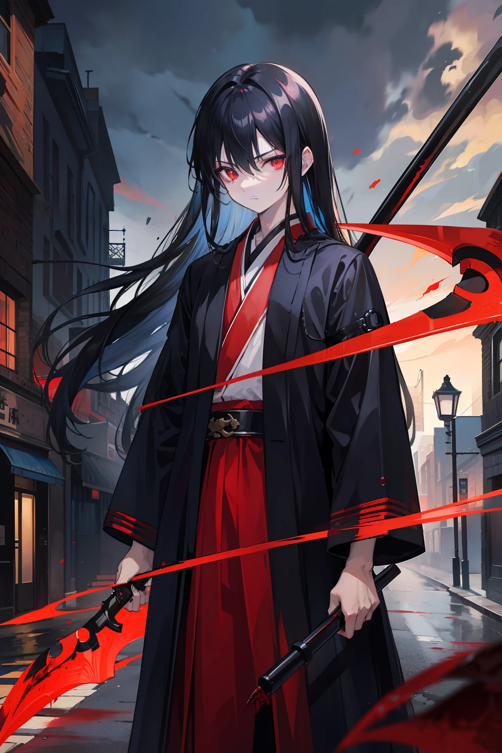 with long black hair,Red-eyed teenage boy,Stand on an empty street at night,extreme hight detail,Blue jacket,Black Hakama,Holding a giant blood-colored scythe in one hand