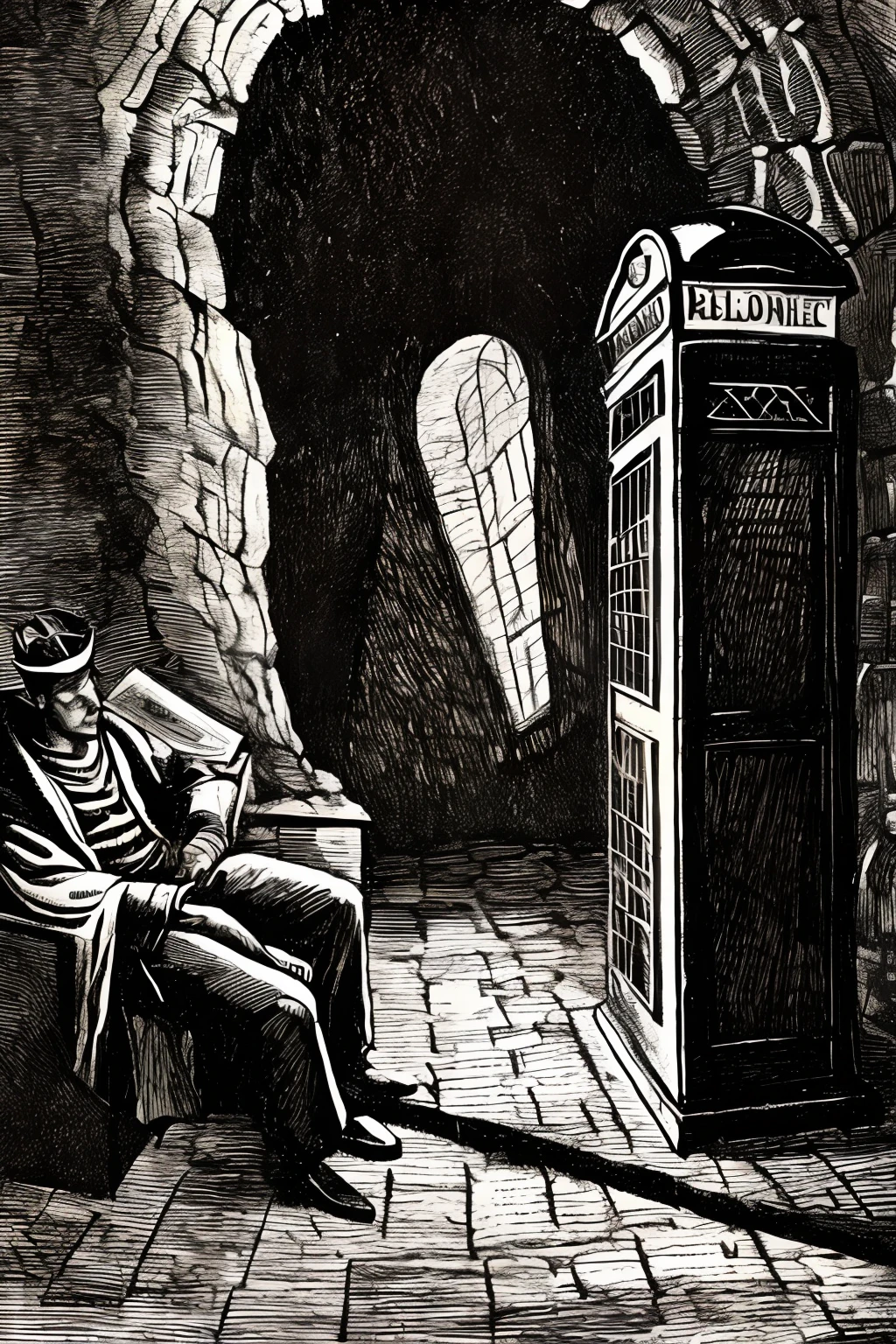 realista (Illustration of a book:1.1) de (o inferno:1.3) , intricate composition , , detalhado, epic stark lighting, Estilo Gustavedore, um homem (sozinho) ao estilo Matt Smith (com jaqueta e gravata borboleta) next to a phone booth