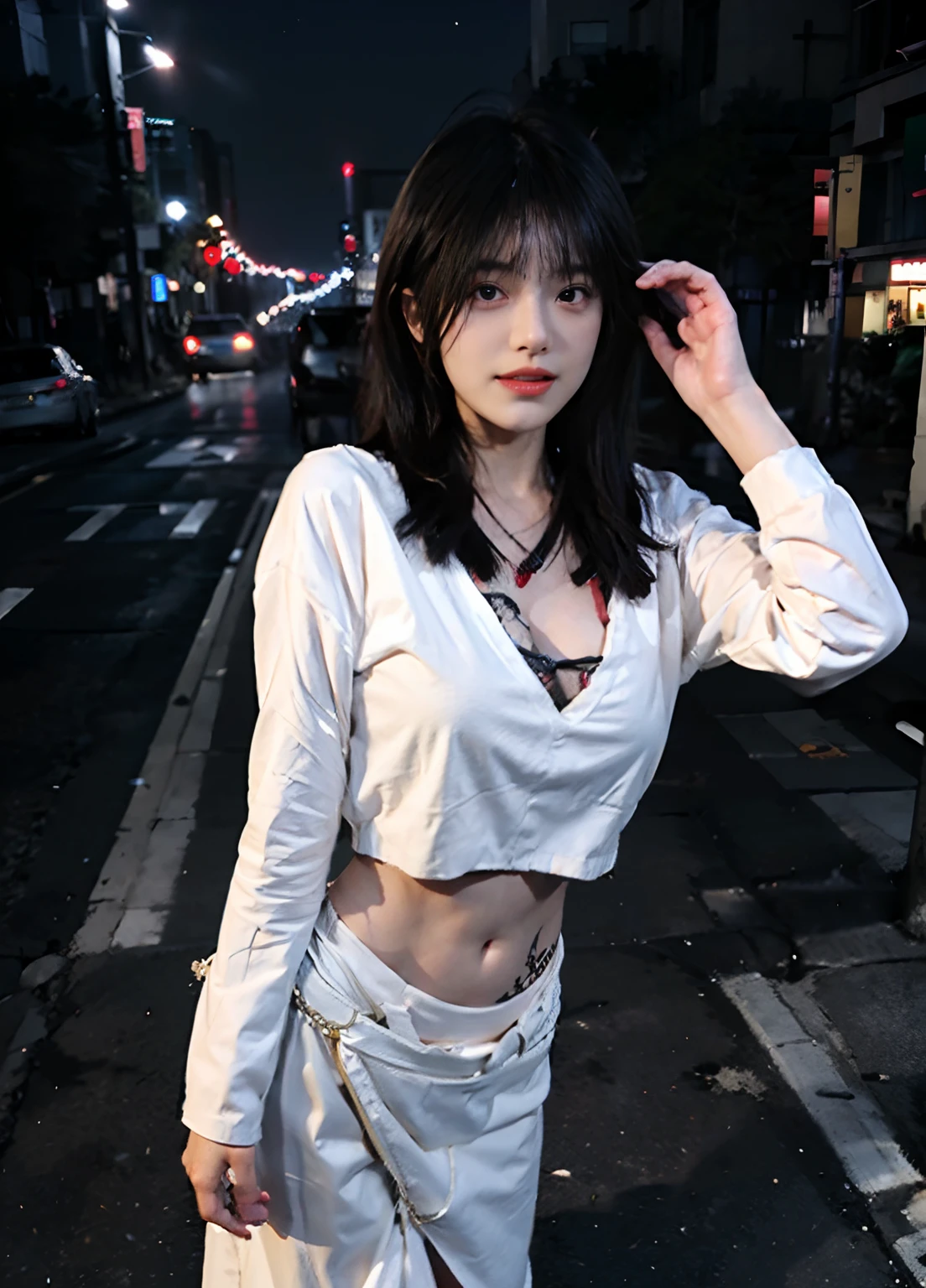 best qualtiy, 超高分辨率, Oversized breasts,(realisticlying:1.4),2 girls ,Tattoo of the lower abdomen,Focus:1.2, perfect figure beautiful woman:1.4 ,big breasts exposed cleavage,(Streets at night:1.3), Highly detailed facial and skin texture, head straight-looking at viewer,A detailed eye, 二重まぶた,Red lips,eye shadows,Whiten skin,(Air bangs:1.3),),Belly tattoo,Oversized bust,Full body like,Thighs exposed,Tattoo of the lower abdomen,Stand up,stand posture,Raised sexy,Flame it up