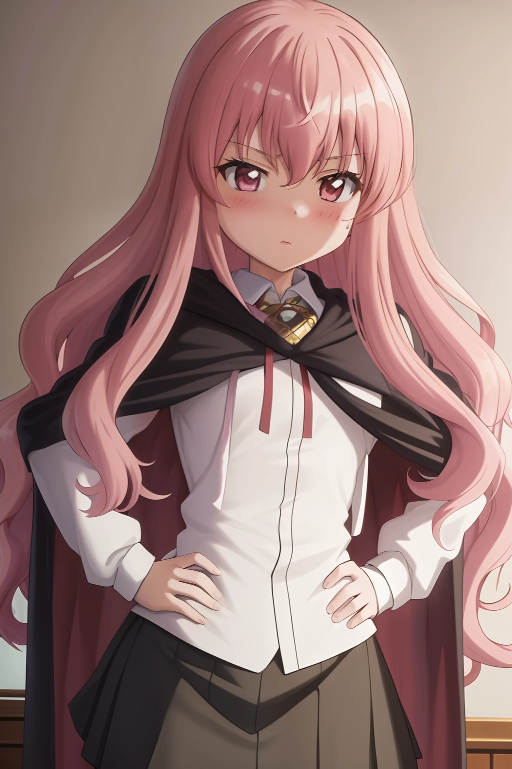 masutepiece, Best Quality,the Extremely Detailed CG Unity 8K Wallpapers,
1girl in,Louise-Françoise Le Blanc de La Vallière, Black Cape,School uniform,blush,
Upper body, Portrait,both hands on hip.up chest.