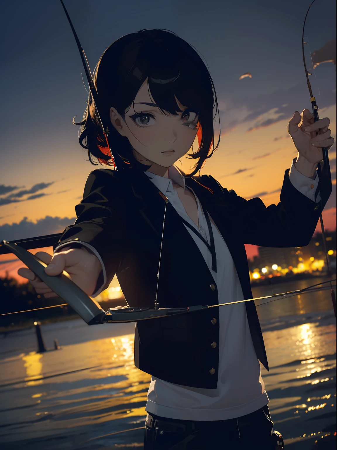 ((((Have a fishing rod with a reel by the lakeride)))),((Best Quality, masutepiece :1.3)),((( Large Mouth Bus))),hight resolution,ultra-detailliert,Beauty and aesthetics,masterpiece,best qualtiy,(1 Japanese woman),Black hair, long eyeslashes, Solid Circle Eyes, deadpan, drop shadow, Atmospheric perspective,Super Detail, ccurate, small brest,(Black jacket :1.1),top-quality, absurderes:1.2, blurry backround, bokeh dof:1.2, a picture, (masterpiece:1.3), (intricate detailes:1.2), Atmospheric perspective,Super Detail, ccurate,